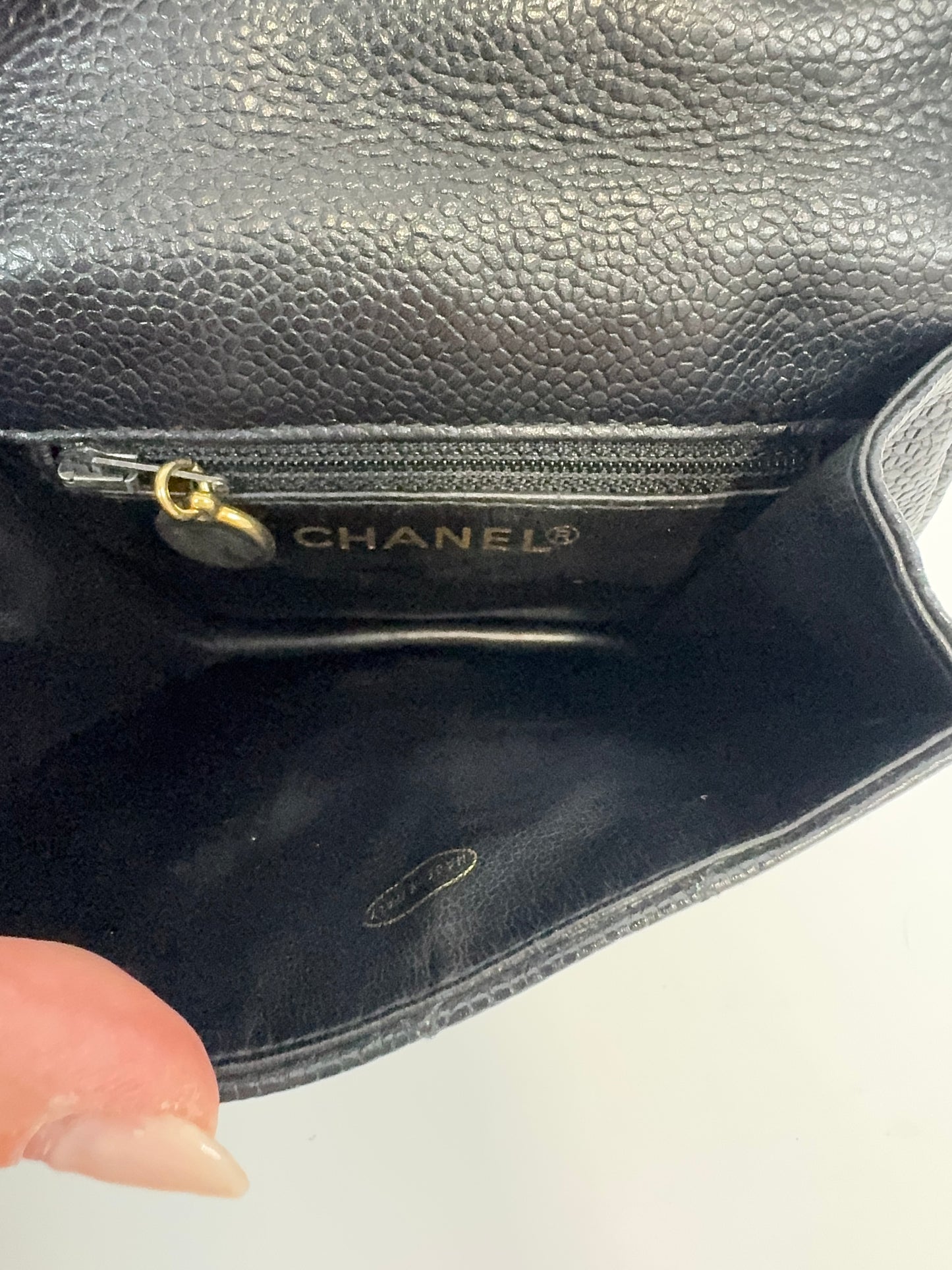 Chanel Quilted Caviar Belt Bag interior of bag