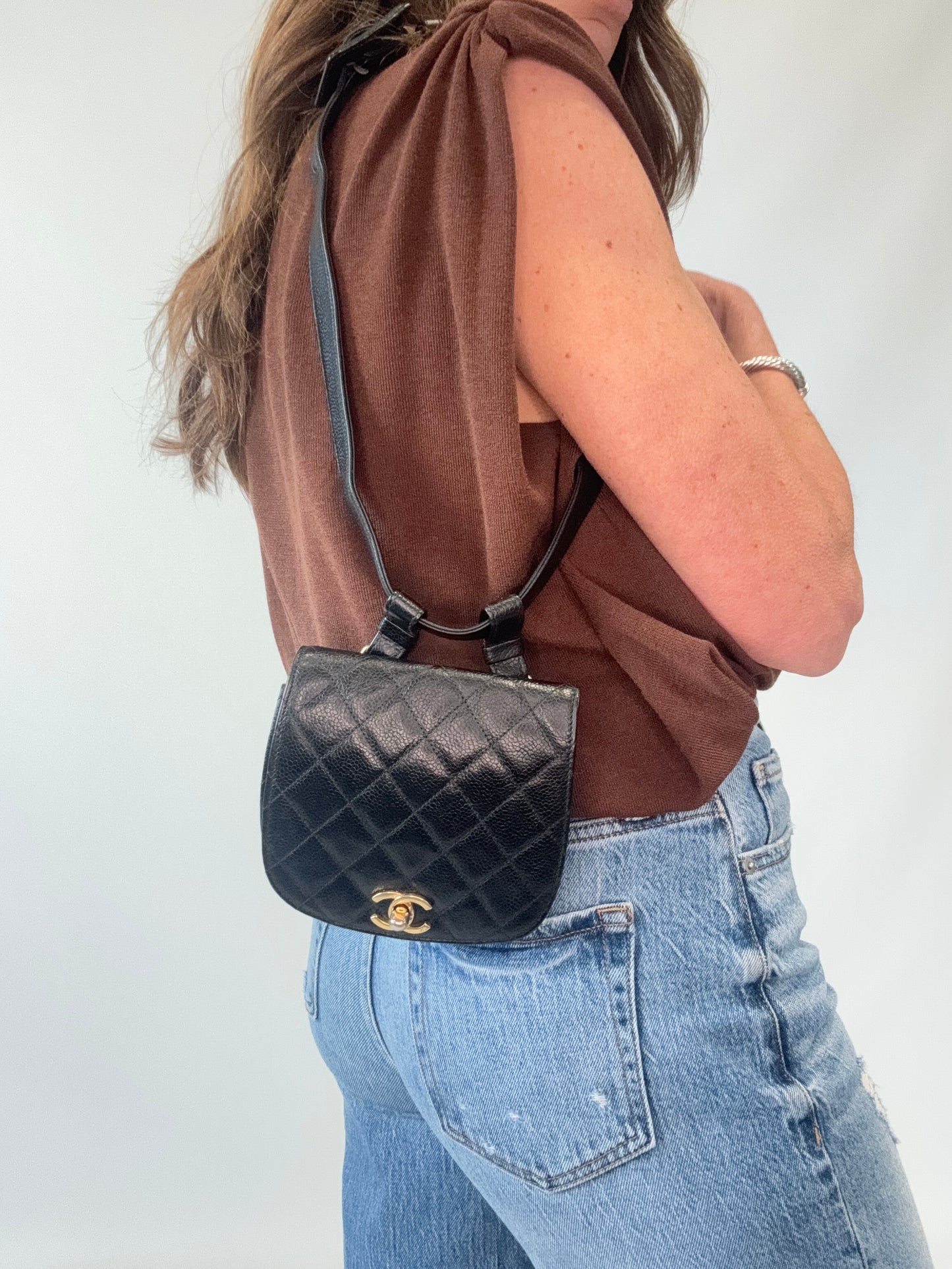 Chanel Quilted Caviar Belt Bag modeled 2