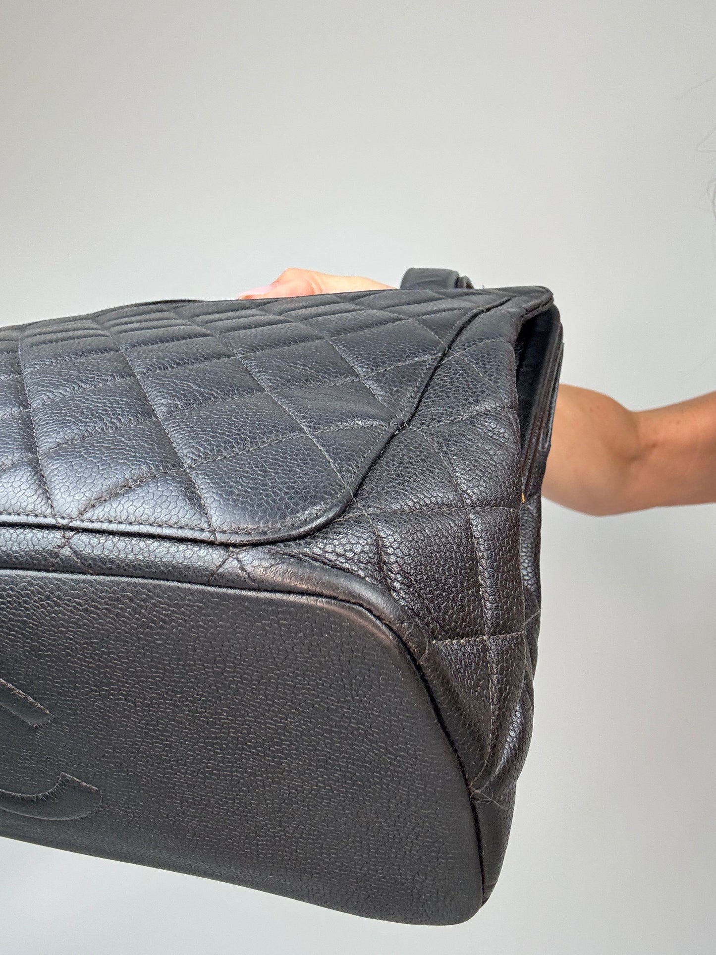 Chanel Quilted Caviar Leather Frame Shoulder Bag front right bottom corner