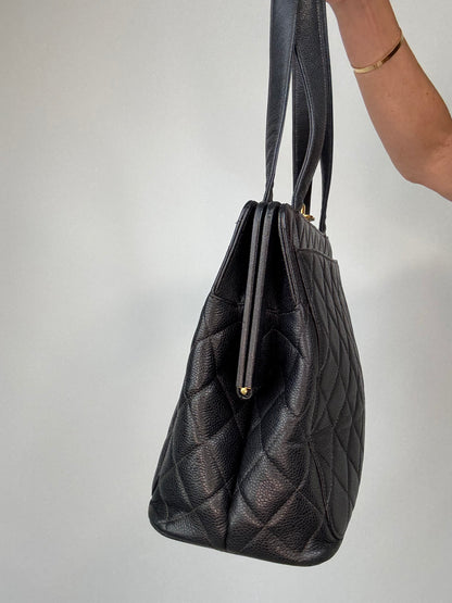 Chanel Quilted Caviar Leather Frame Shoulder Bag left side of bag