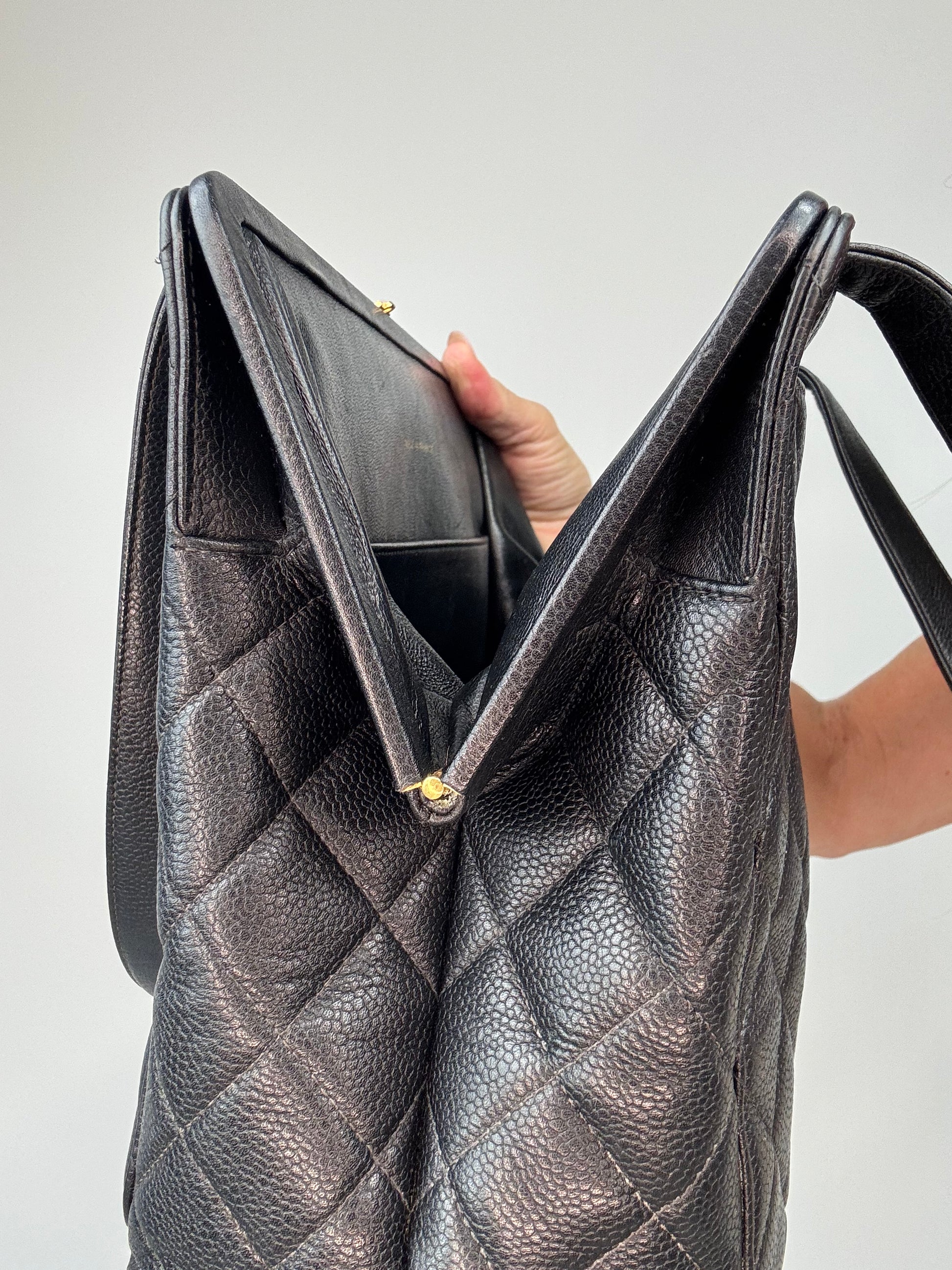 Chanel Quilted Caviar Leather Frame Shoulder Bag left side opening
