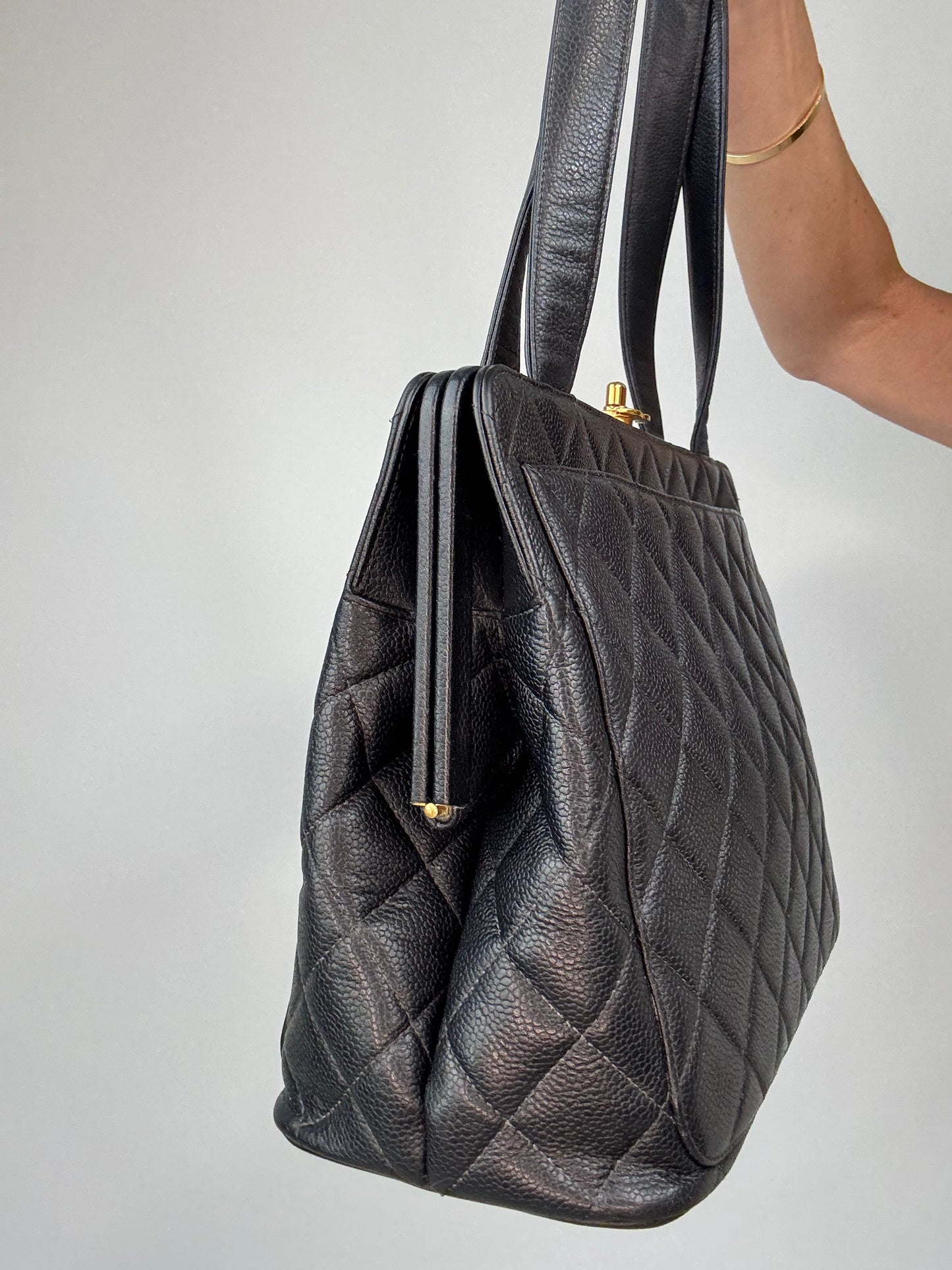 Chanel Quilted Caviar Leather Frame Shoulder Bag right side of bag