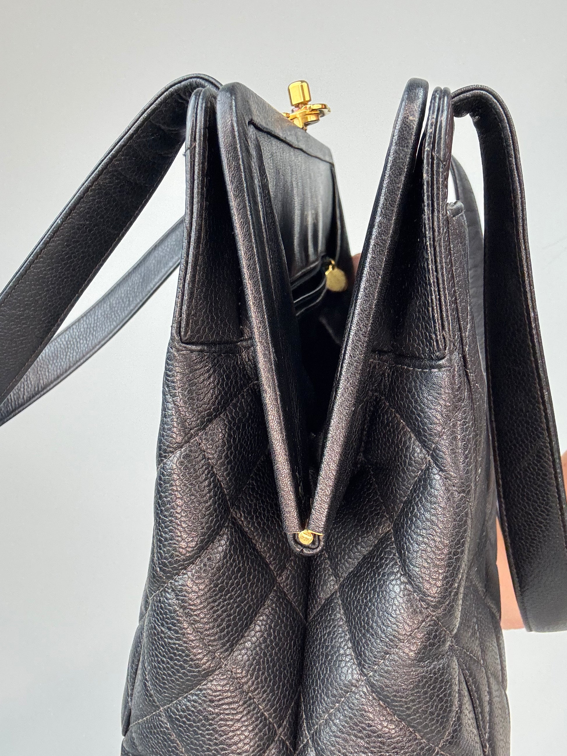 Chanel Quilted Caviar Leather Frame Shoulder Bag right side opening