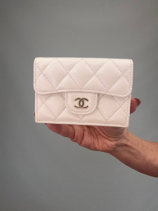 Chanel Quilted Caviar Small Flap Wallet White - front