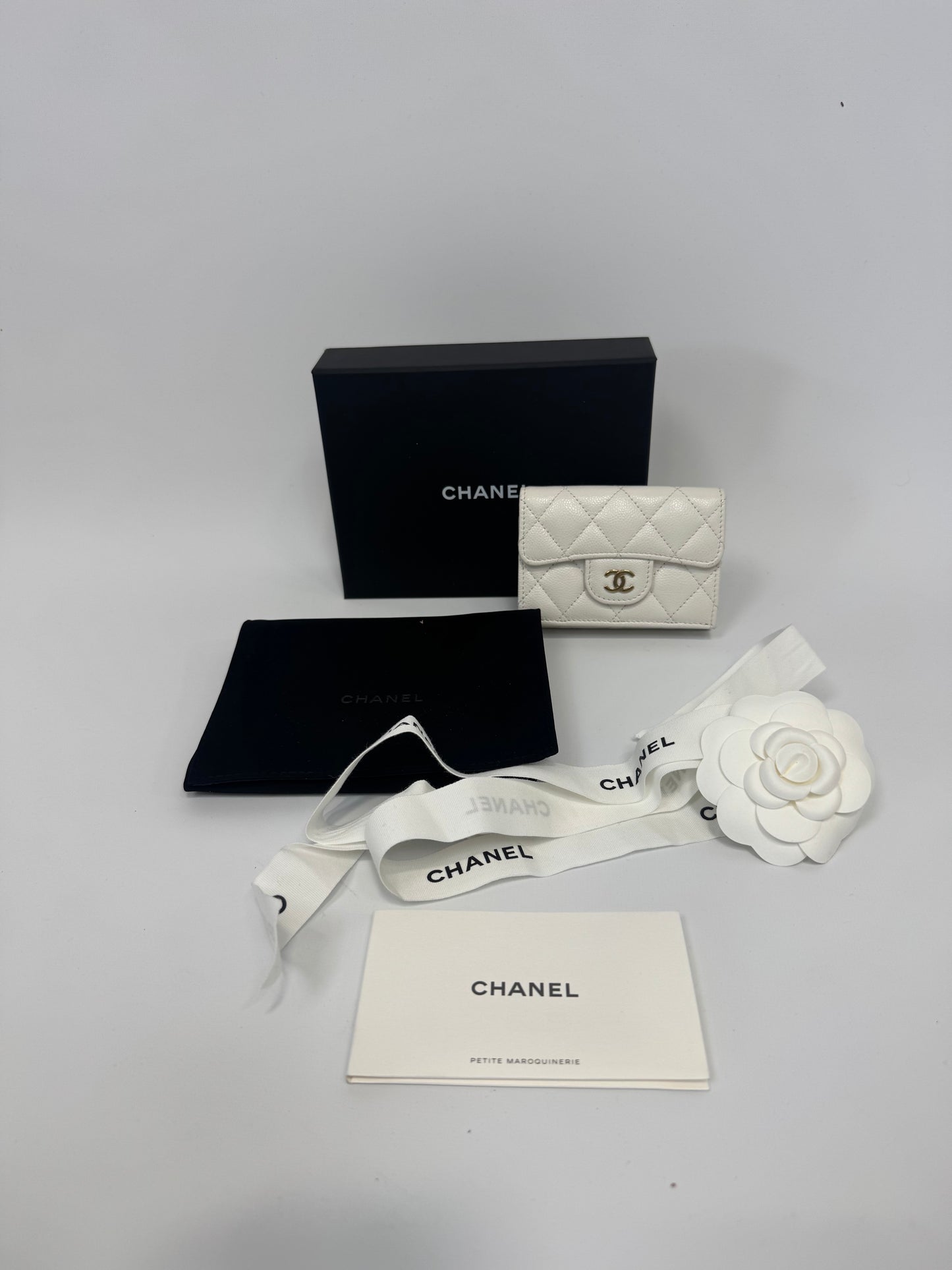 Chanel Quilted Caviar Small Flap Wallet White - with box dust bag and ribbon