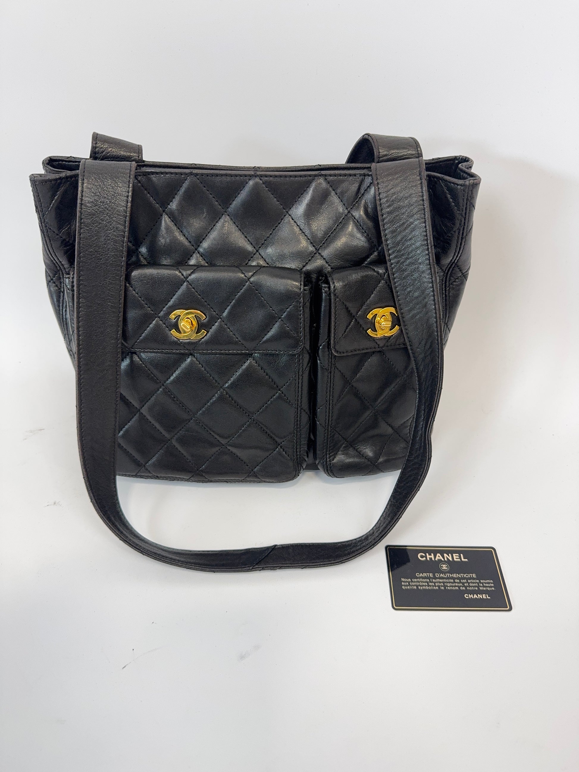 Chanel Quilted Double Pocket Turn Lock Tote with authenticity card