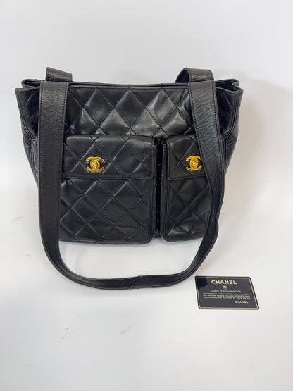 Chanel Quilted Double Pocket Turn Lock Tote with authenticity card