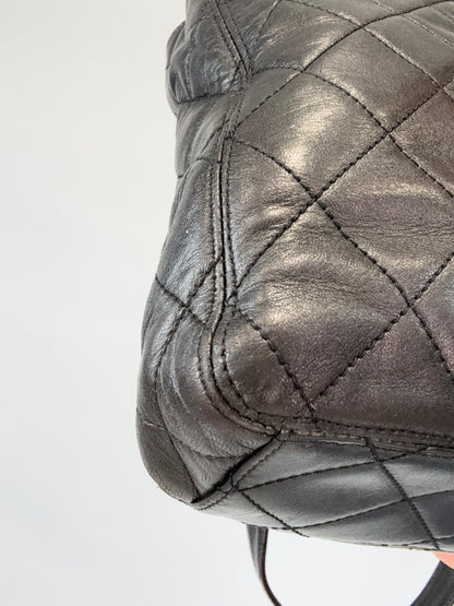 Chanel Quilted Double Pocket Turn Lock Tote back left bottom corner