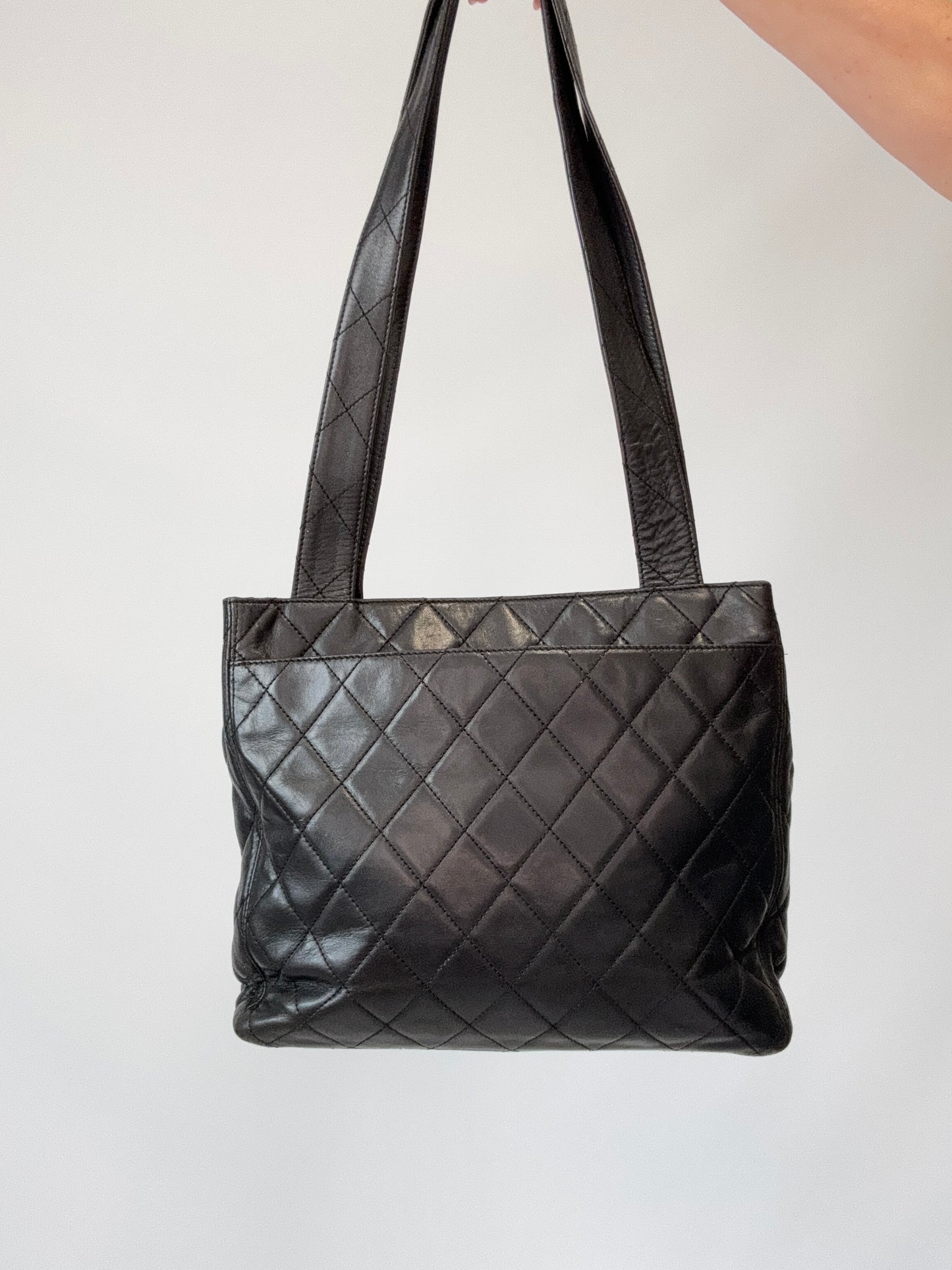 Chanel Quilted Double Pocket Turn Lock Tote back of handbag