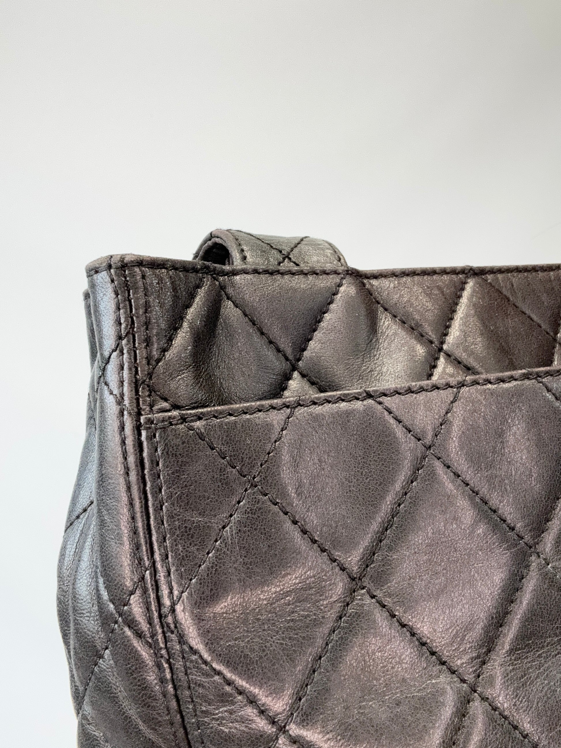 Chanel Quilted Double Pocket Turn Lock Tote back top left