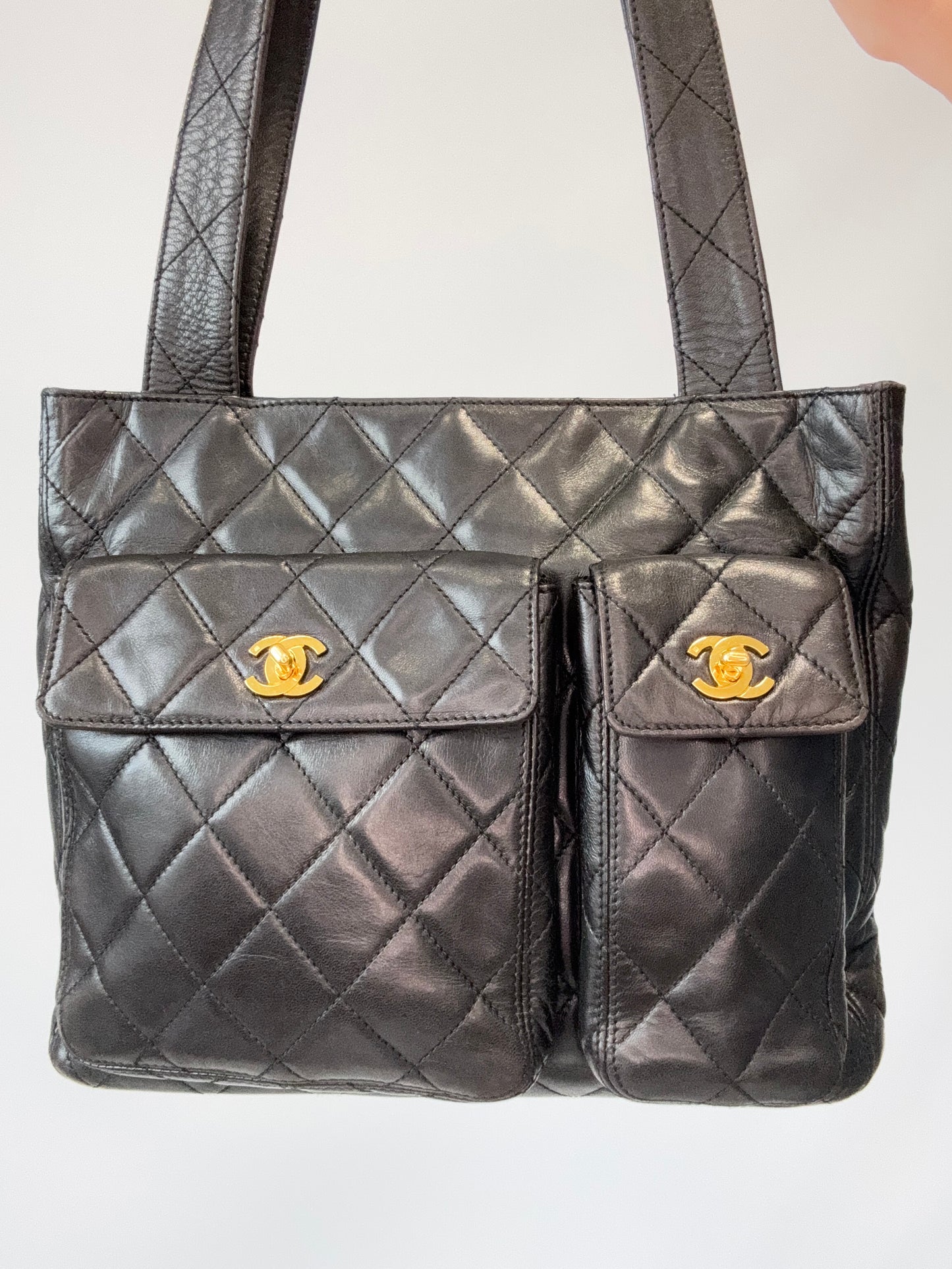 Chanel Quilted Double Pocket Turn Lock Tote pocket closeup
