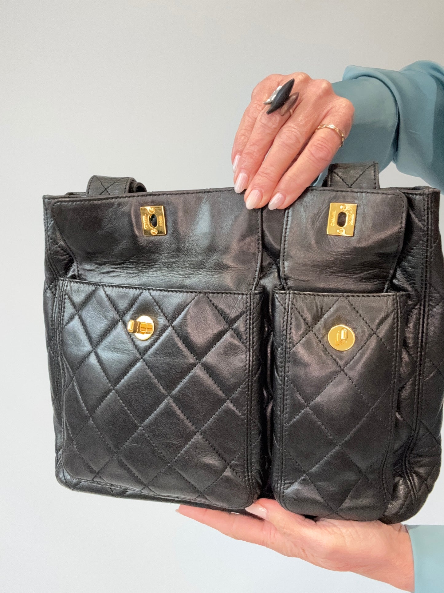 Chanel Quilted Double Pocket Turn Lock Tote interior of both pocket flaps