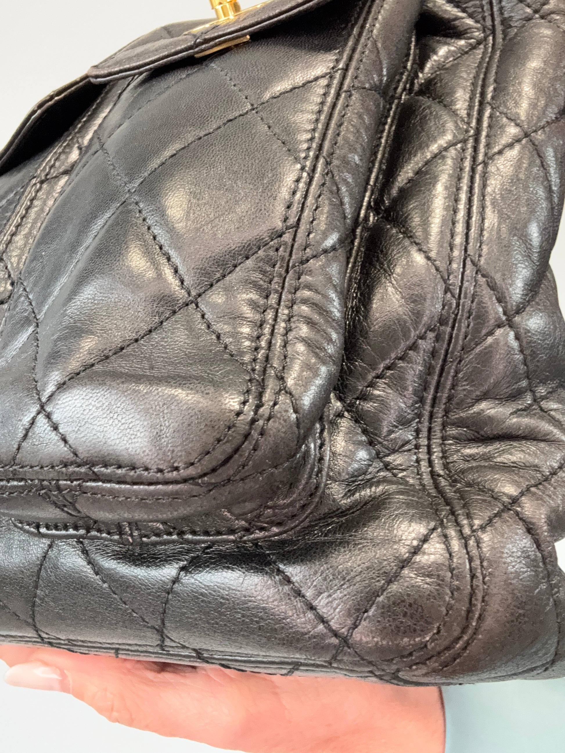 Chanel Quilted Double Pocket Turn Lock Tote front right bottom corner