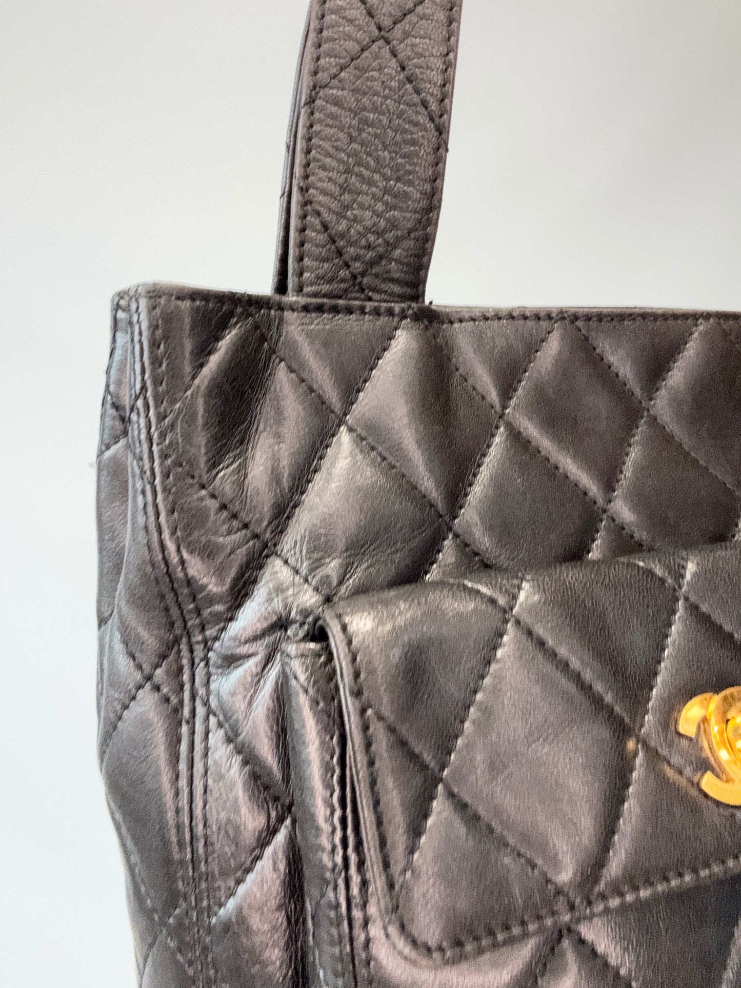 Chanel Quilted Double Pocket Turn Lock Tote front top left