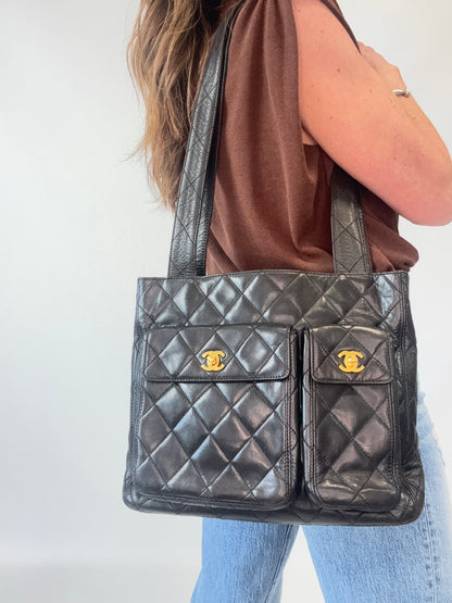 Chanel Quilted Double Pocket Turn Lock Tote modeled