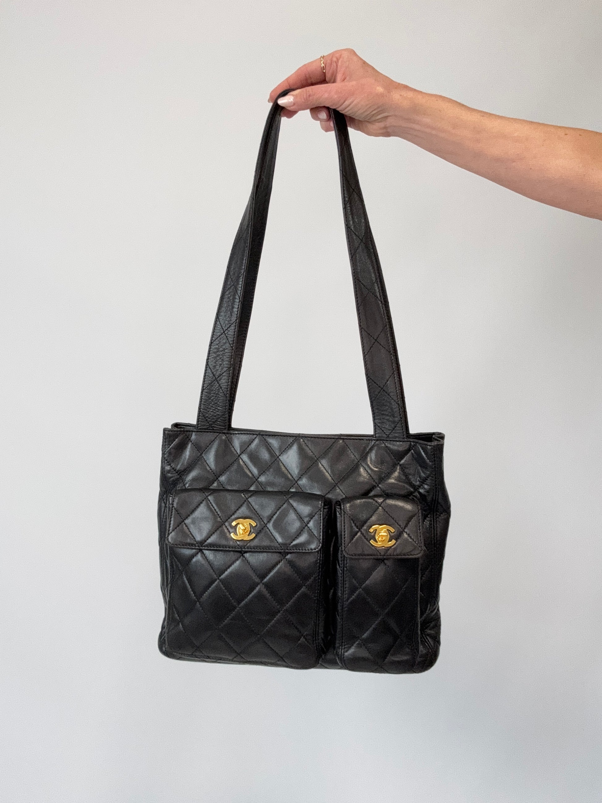 Chanel Quilted Double Pocket Turn Lock Tote
