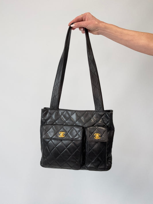 Chanel Quilted Double Pocket Turn Lock Tote