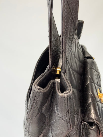 Chanel Quilted Double Pocket Turn Lock Tote side top left