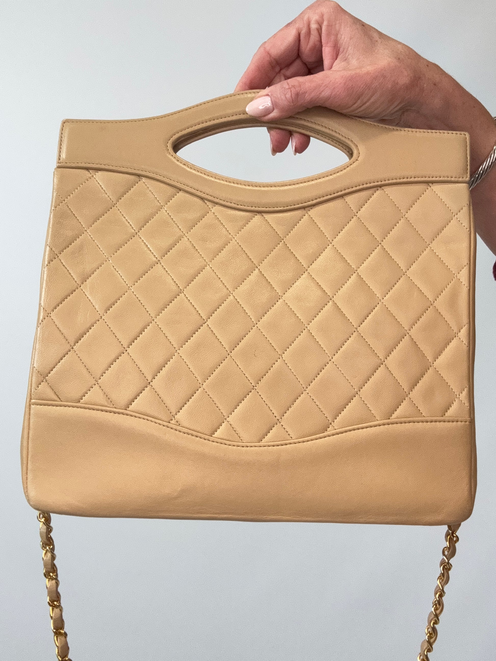 Chanel Quilted Lambskin 31 Shopping Tote in Beige back of handbag