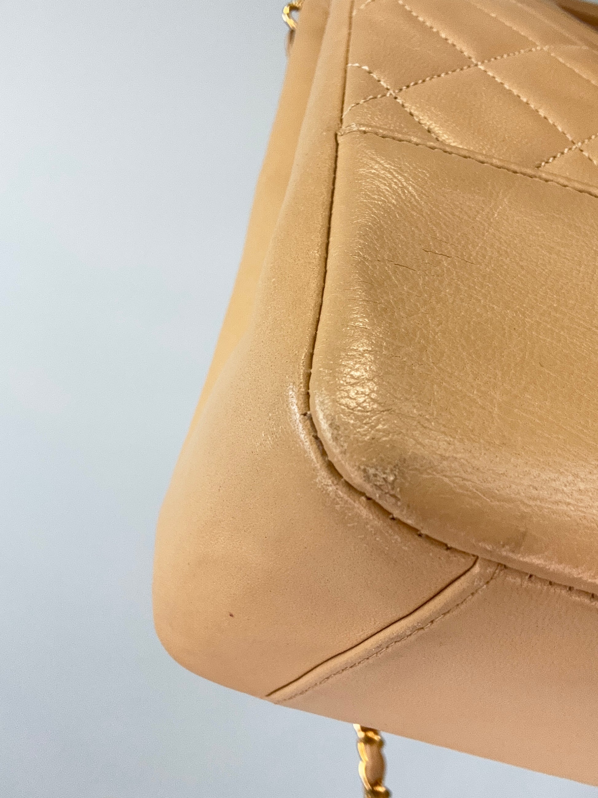 Chanel Quilted Lambskin 31 Shopping Tote in Beige front left bottom corner