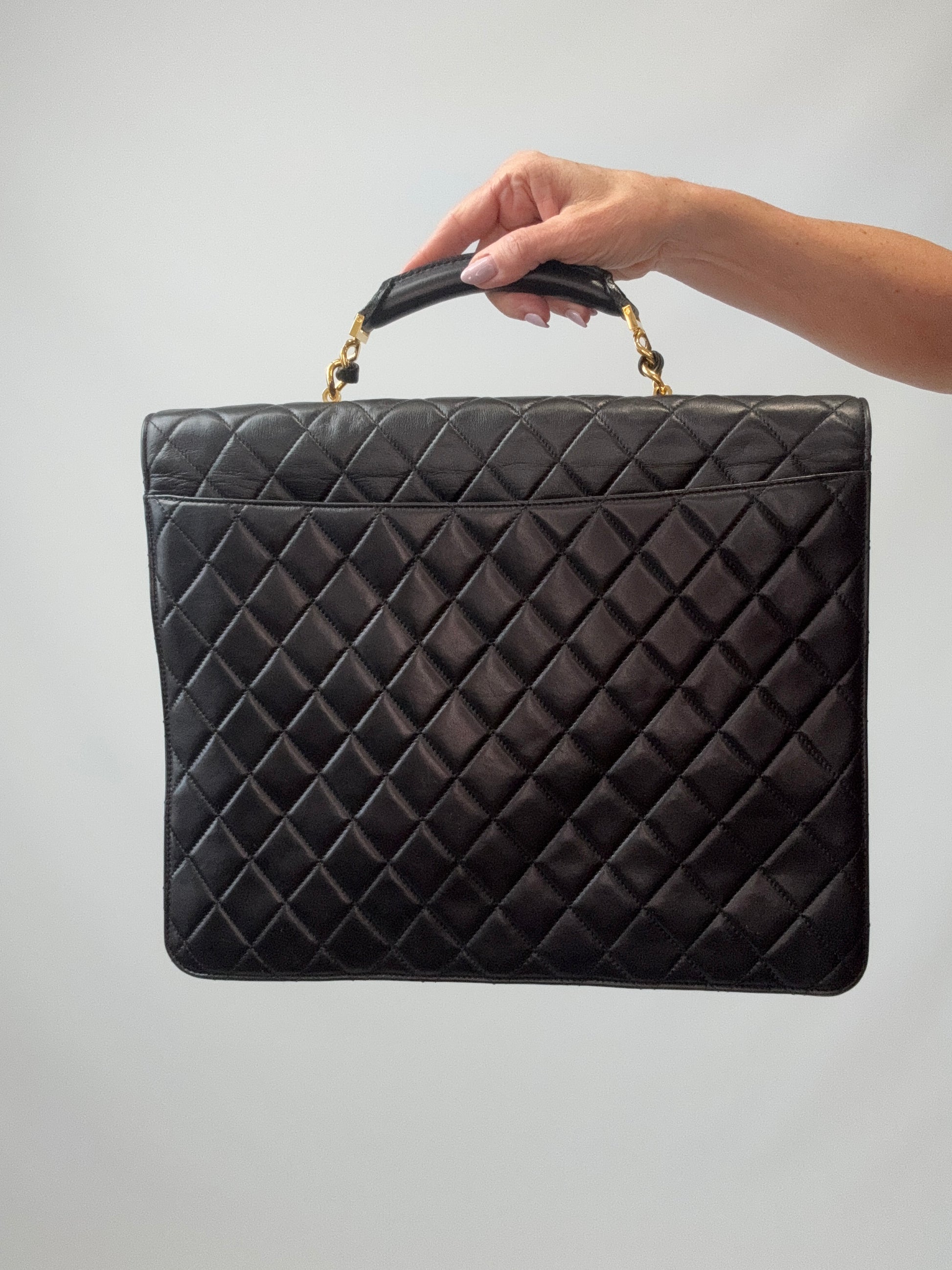 Chanel Quilted Lambskin Briefcase Business Bag in Black back of handbag