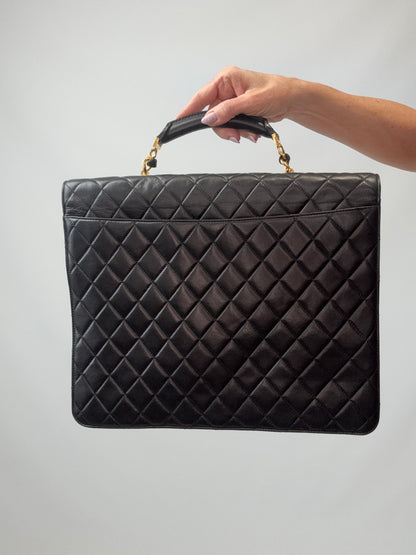 Chanel Quilted Lambskin Briefcase Business Bag in Black back of handbag
