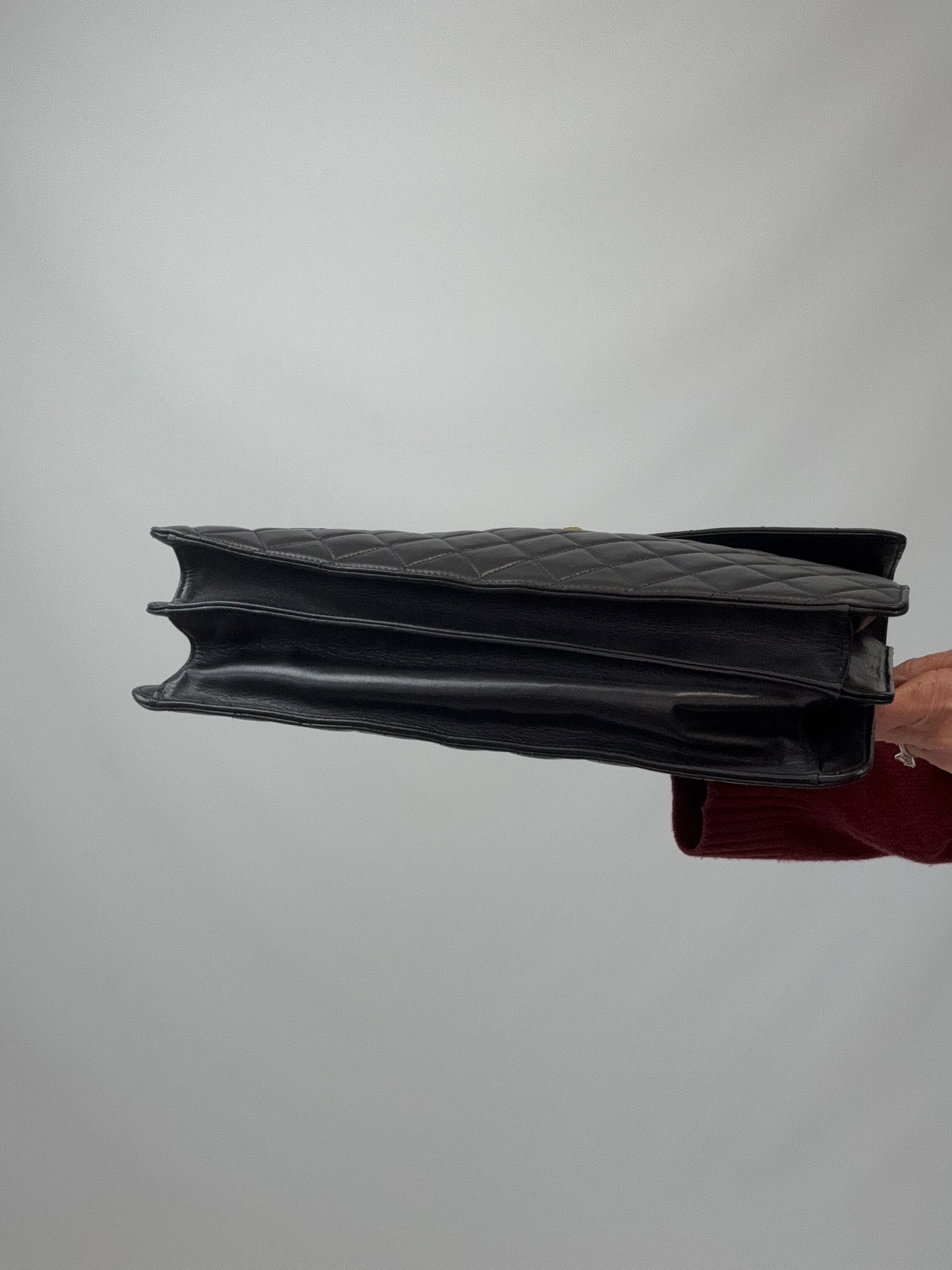 Chanel Quilted Lambskin Briefcase Business Bag in Black bottom of handbag