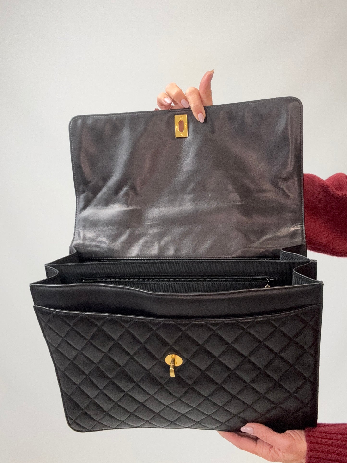 Chanel Quilted Lambskin Briefcase Business Bag in Black flap interior