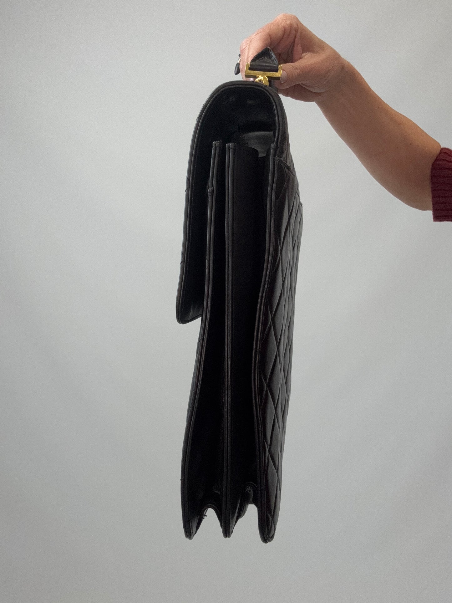 Chanel Quilted Lambskin Briefcase Business Bag in Black right side of handbag