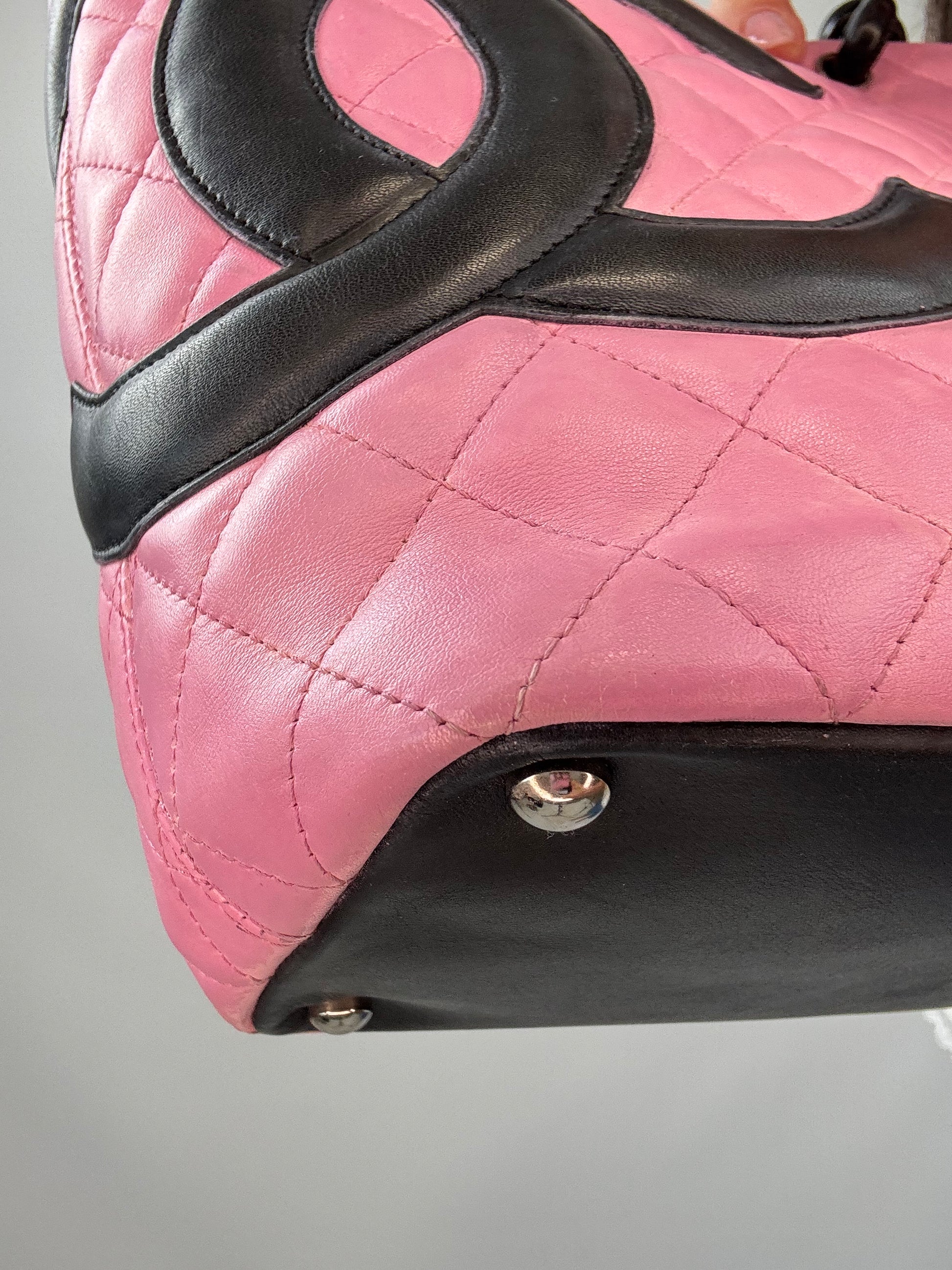 Chanel Quilted Lambskin Cambon Tote Pink front left bottom corner