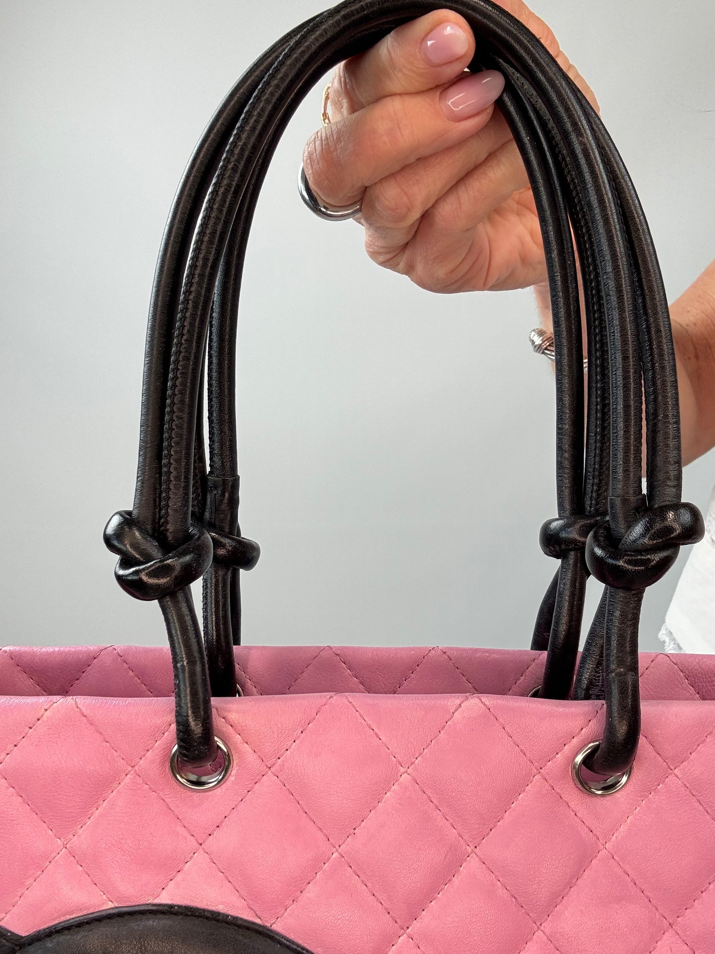 Chanel Quilted Lambskin Cambon Tote Pink top handle front