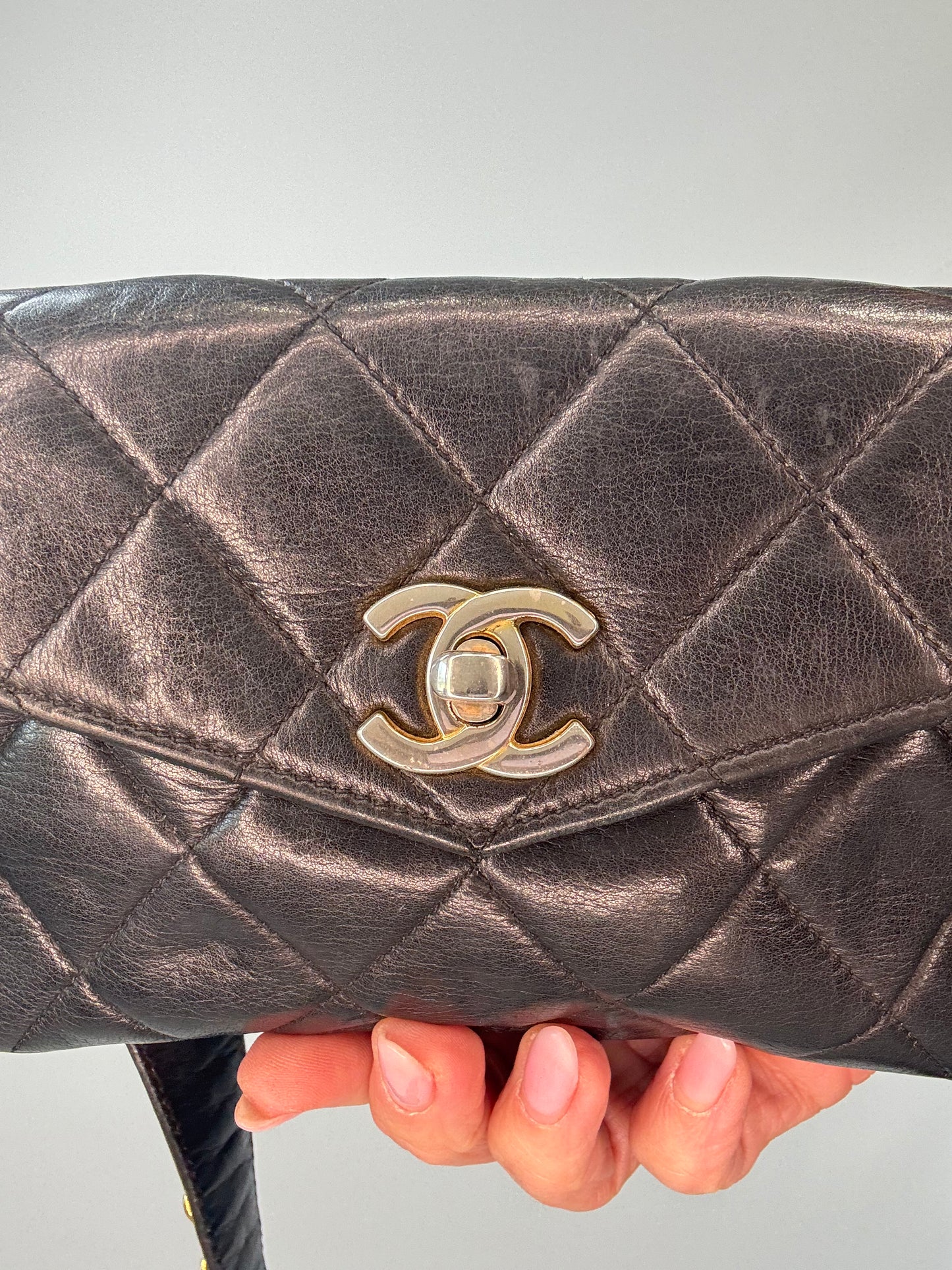 Chanel Quilted Lambskin Envelope Waist Bag flap close up