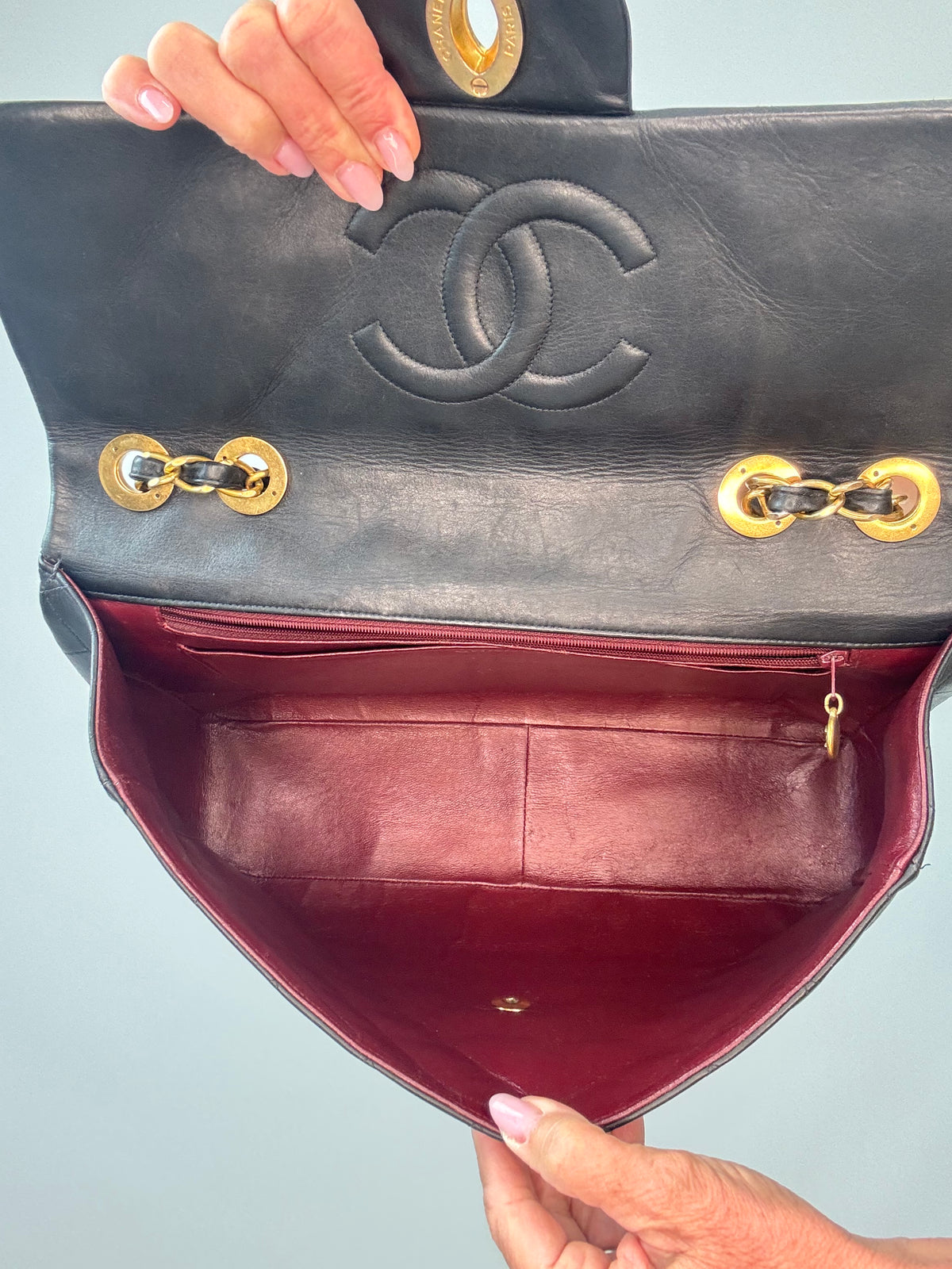 Chanel Quilted Lambskin Jumbo Single Flap Bag interior of bag