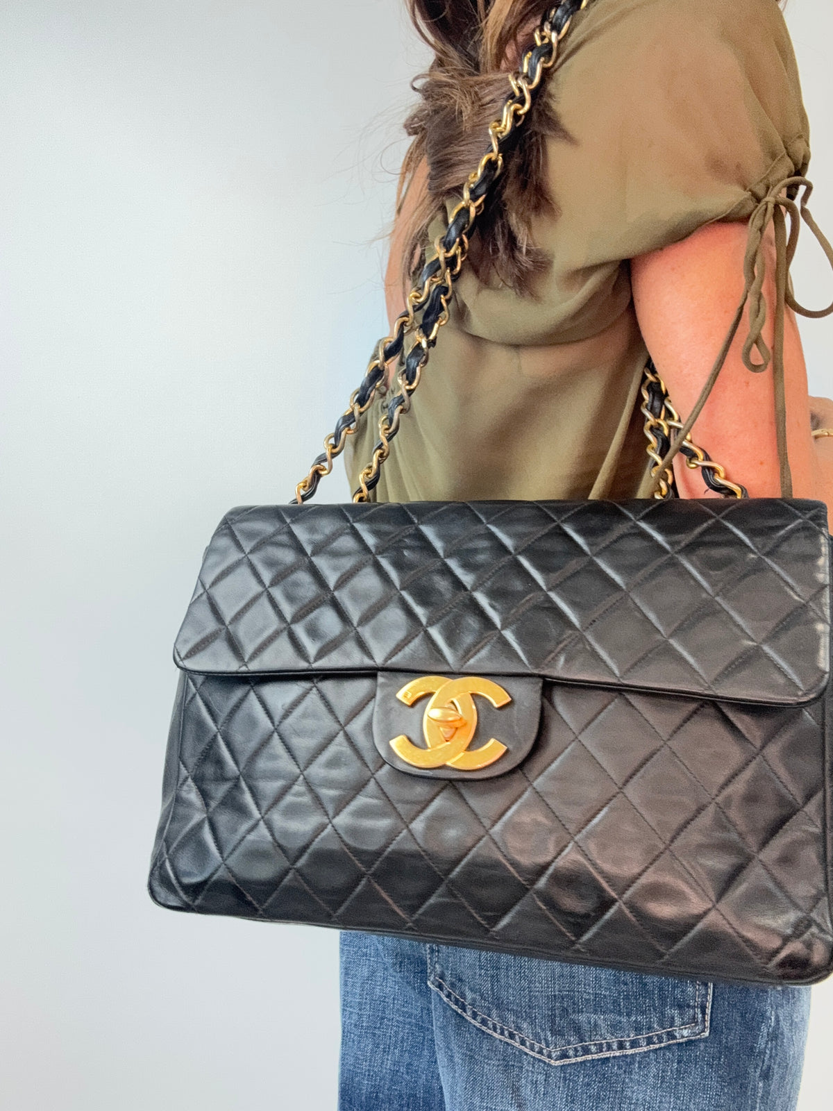 Chanel Quilted Lambskin Jumbo Single Flap Bag modeled 2