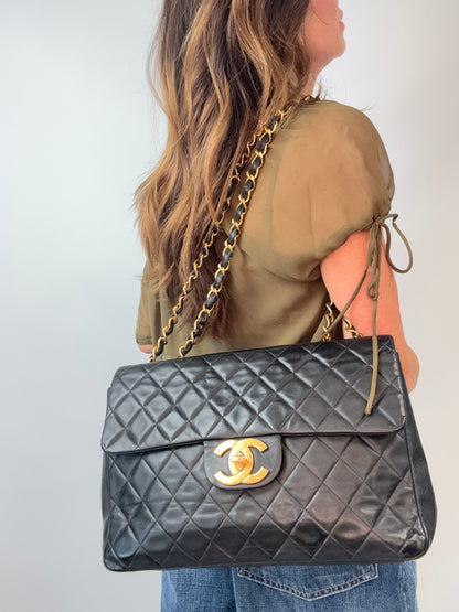 Chanel Quilted Lambskin Jumbo Single Flap Bag modeled