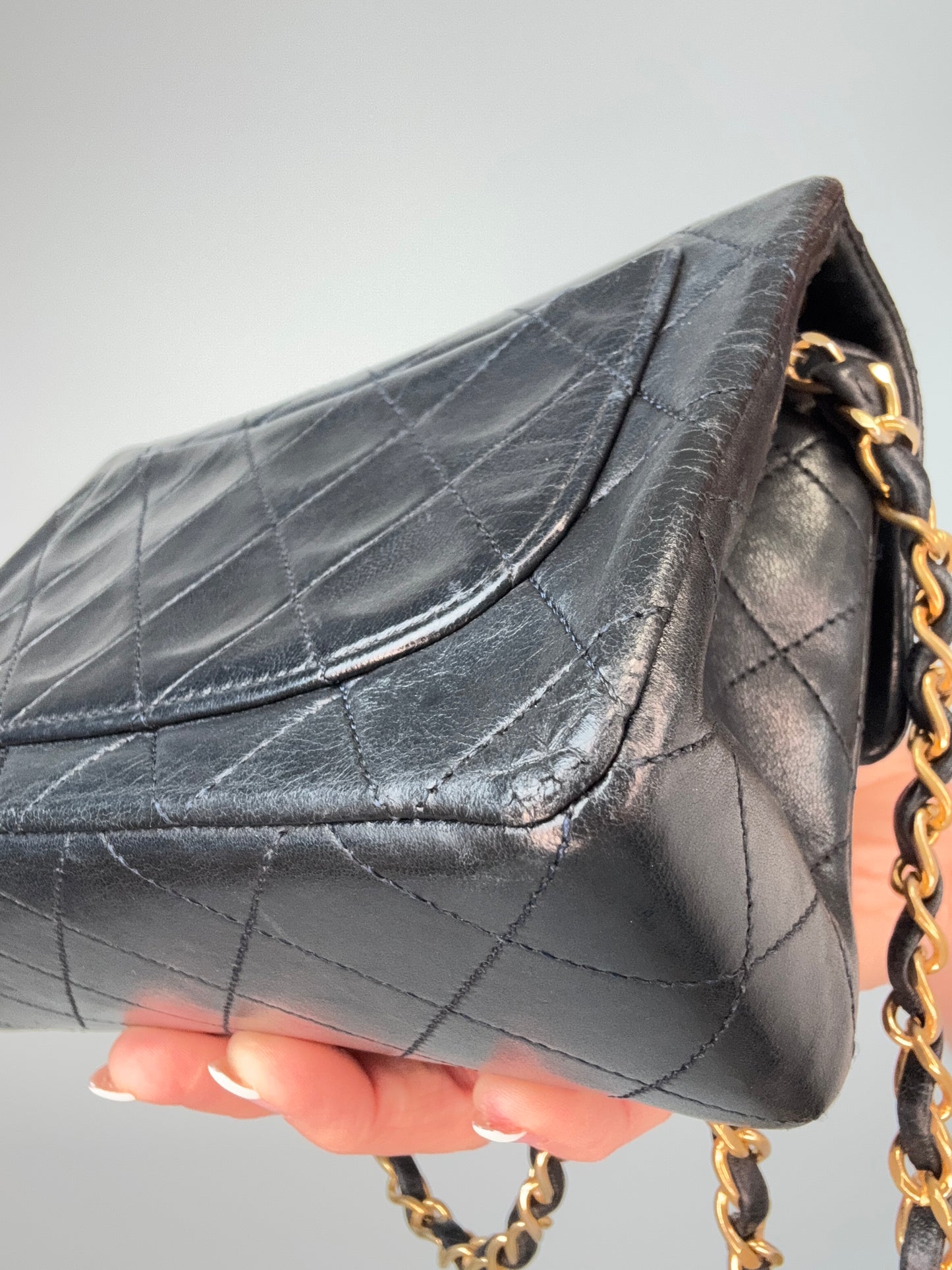 Chanel Quilted Lambskin Mini Square Flap Bag back right bottom corner