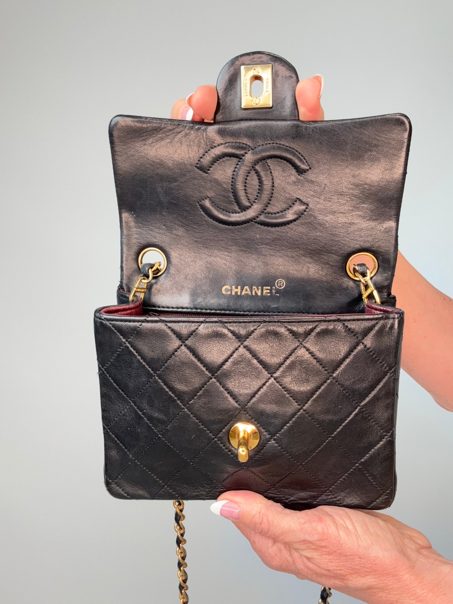 Chanel Quilted Lambskin Mini Square Flap Bag flap interior