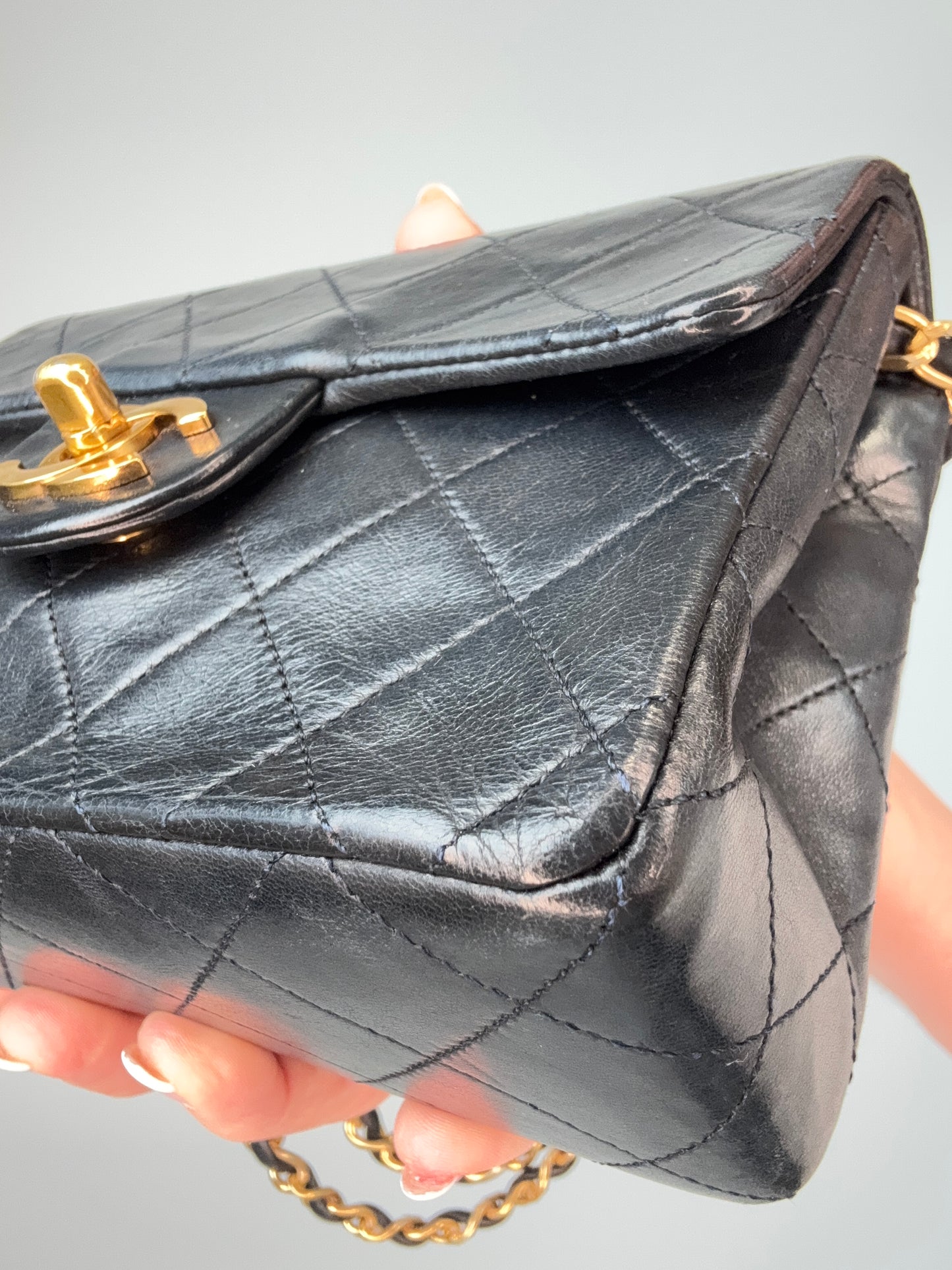 Chanel Quilted Lambskin Mini Square Flap Bag front right bottom corner