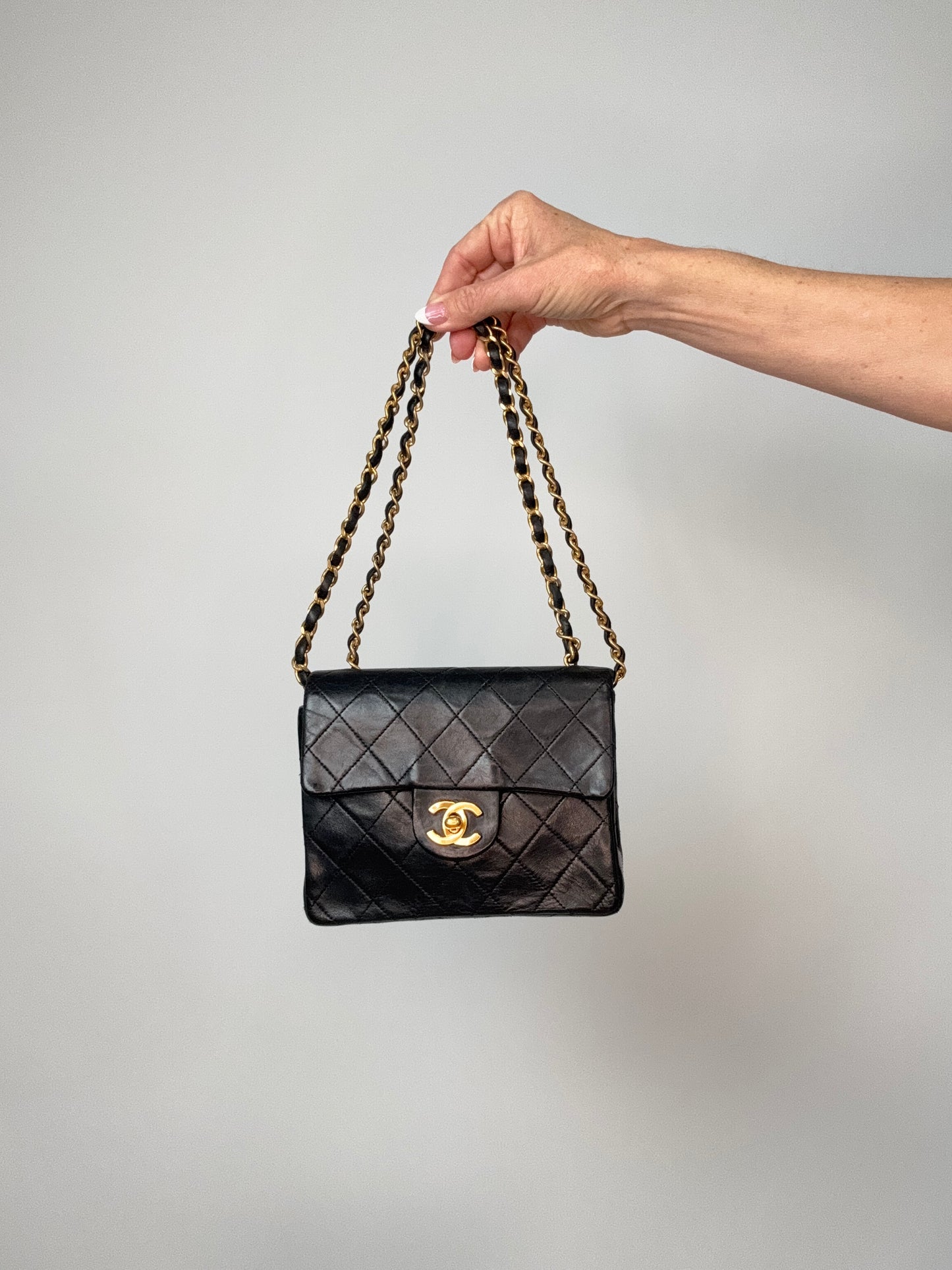 Chanel Quilted Lambskin Mini Square Flap Bag with strap doubled