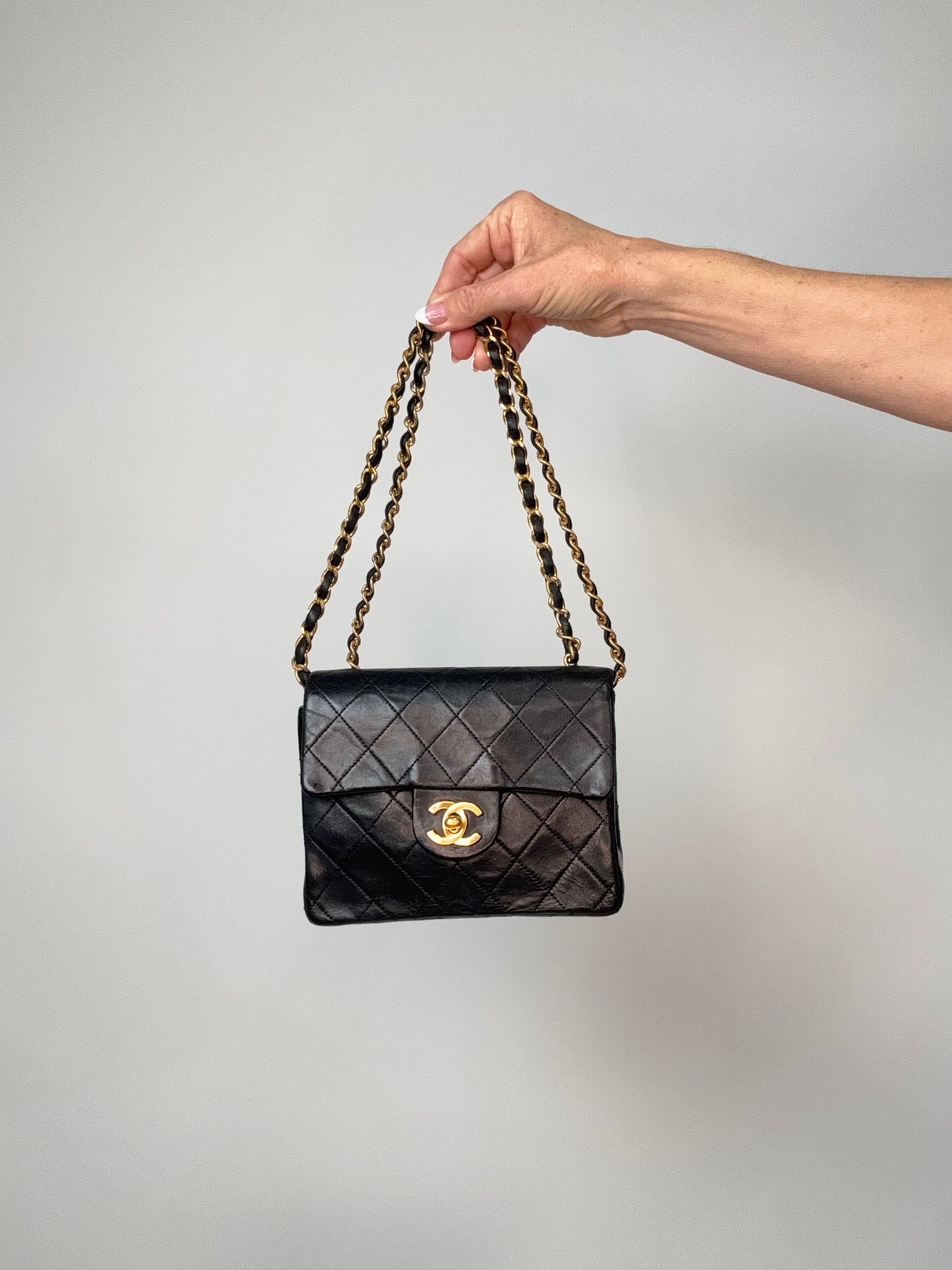 Chanel Quilted Lambskin Mini Square Flap Bag with strap doubled
