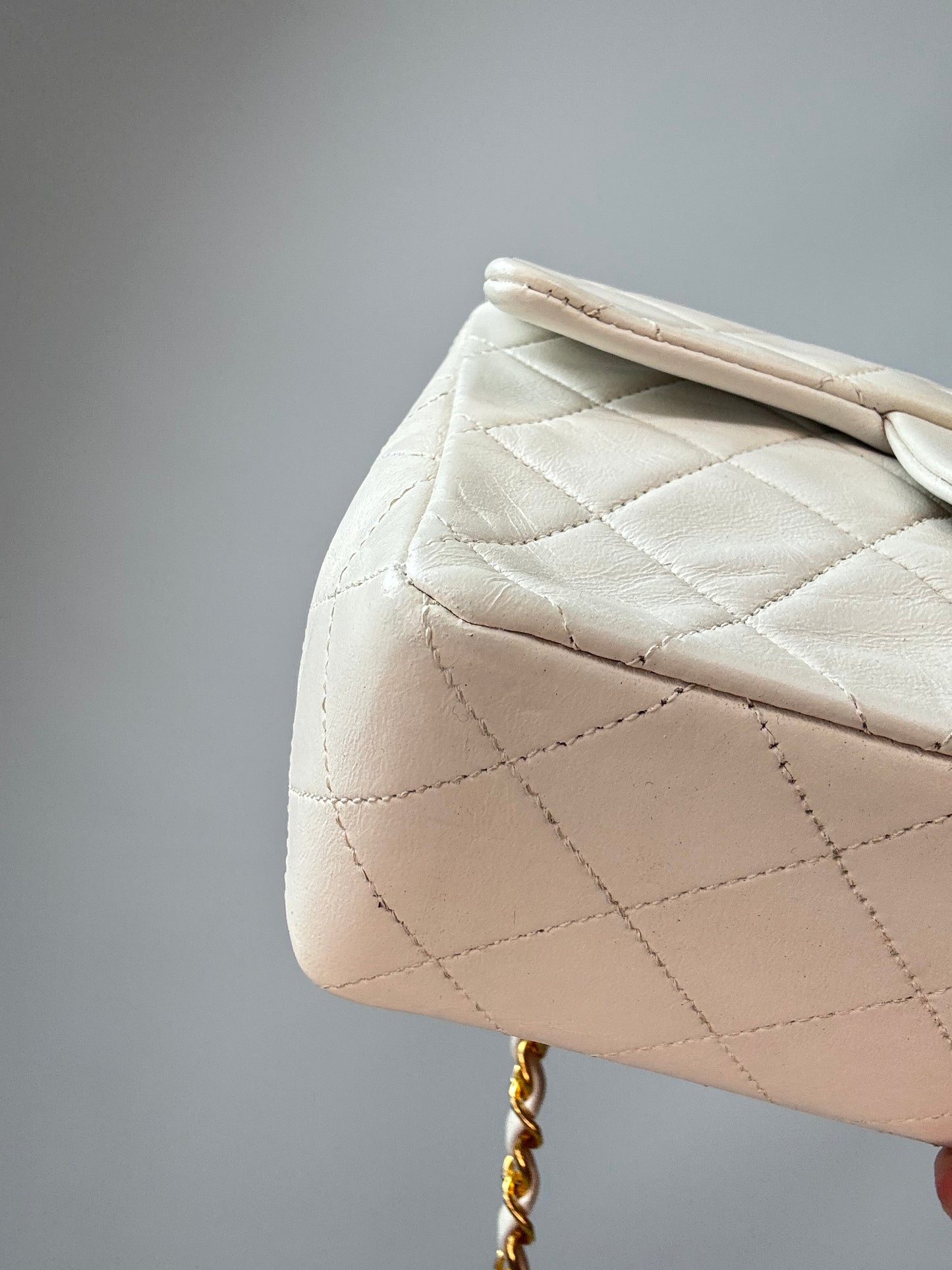 Chanel Quilted Lambskin Mini Square Flap Bag Vintage front left bottom corner