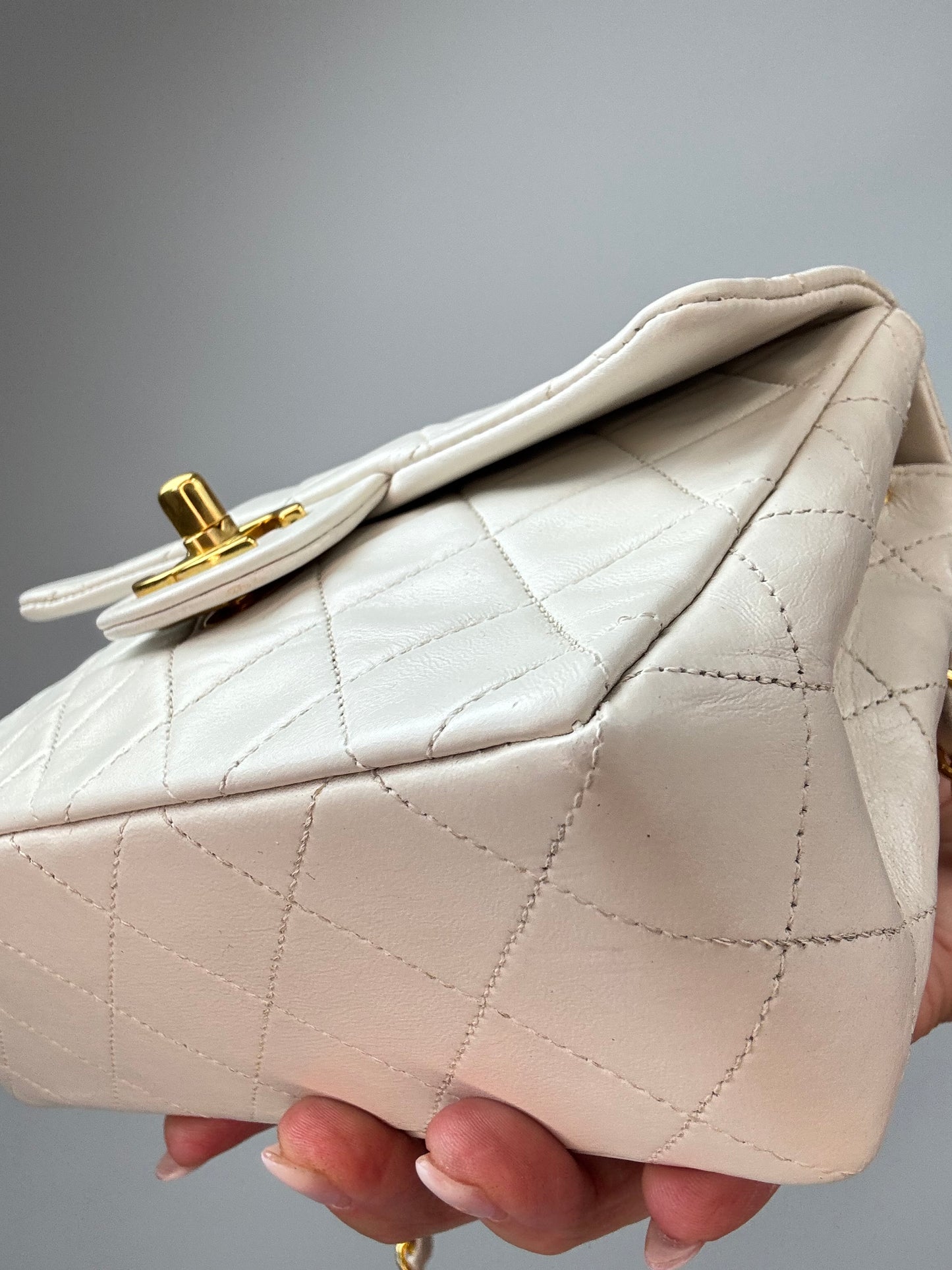Chanel Quilted Lambskin Mini Square Flap Bag Vintage front right bottom corner