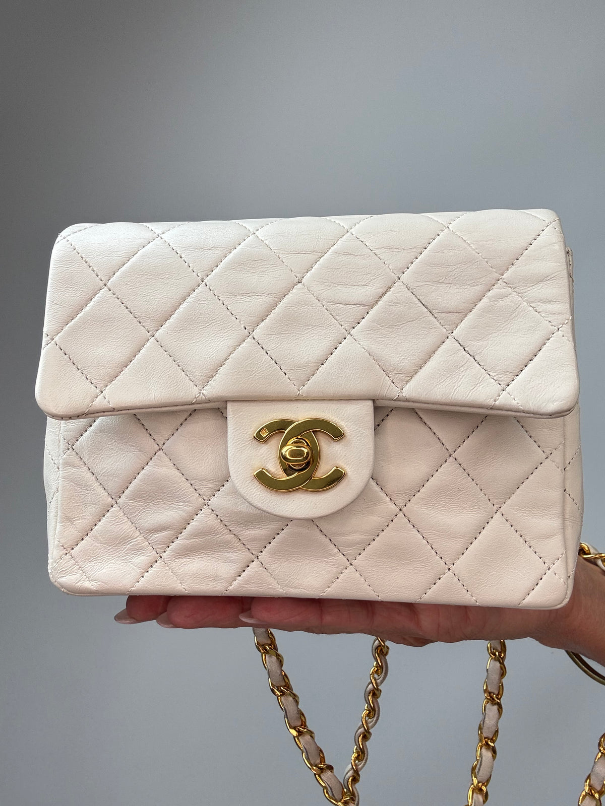 Chanel Quilted Lambskin Mini Square Flap Bag Vintage front with turn lock