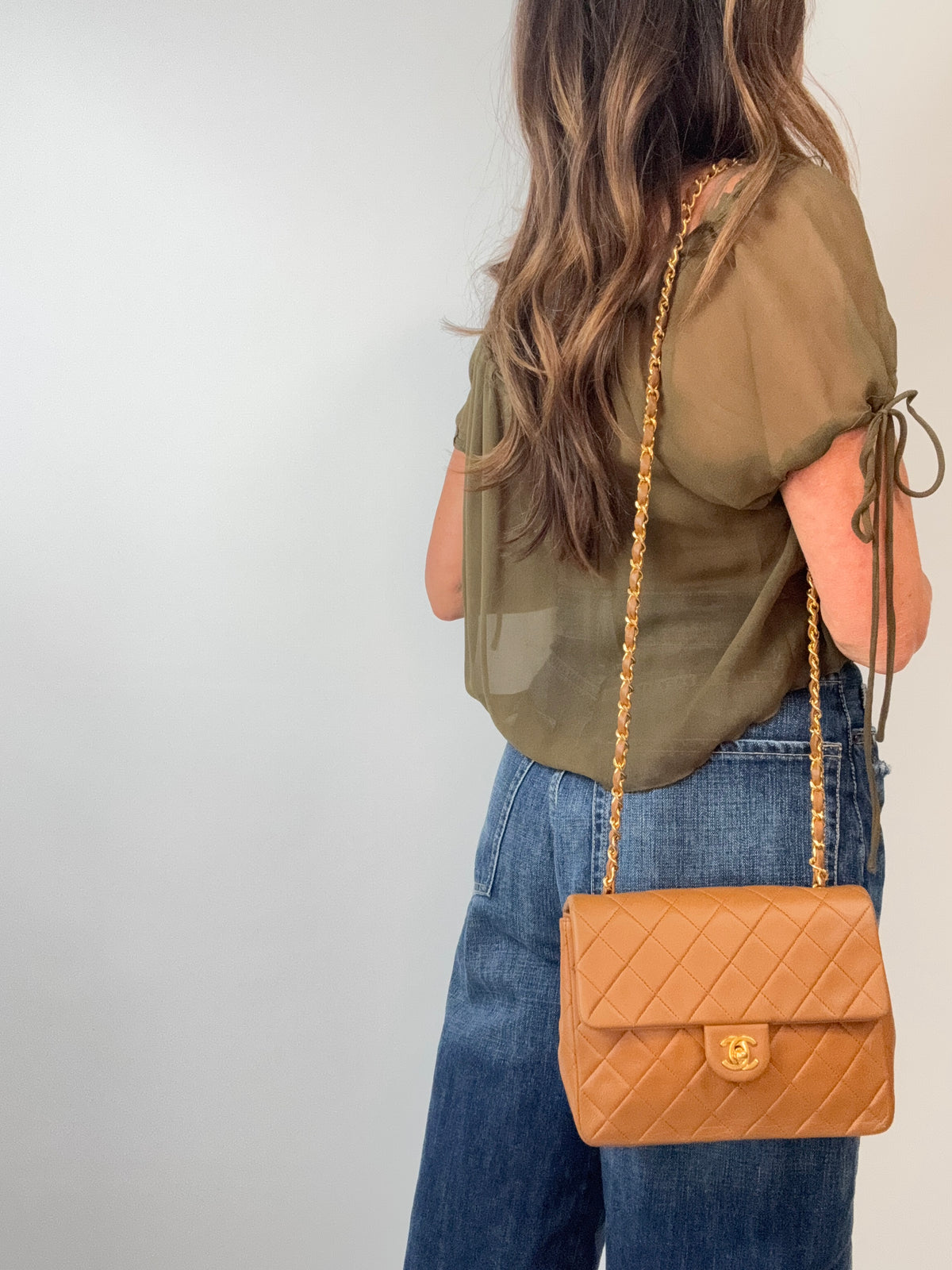 Chanel Quilted Lambskin Single Flap Bag modeled