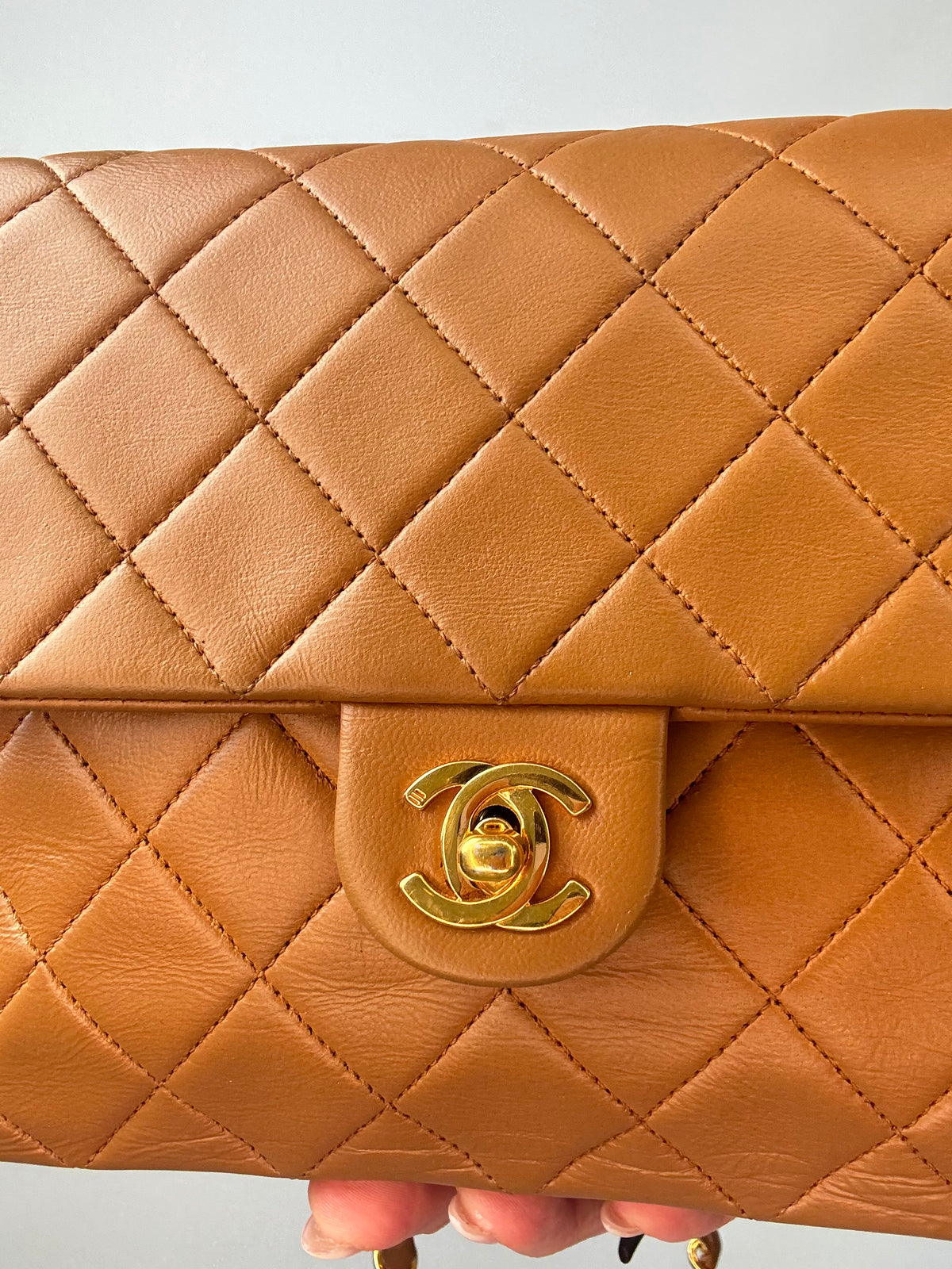 Chanel Quilted Lambskin Single Flap Bag turn lock close up