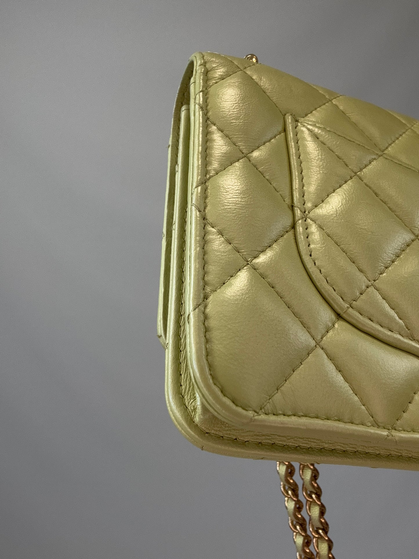 Chanel Quilted Lambskin Wallet On Chain in Pearl Green back left bottom corner