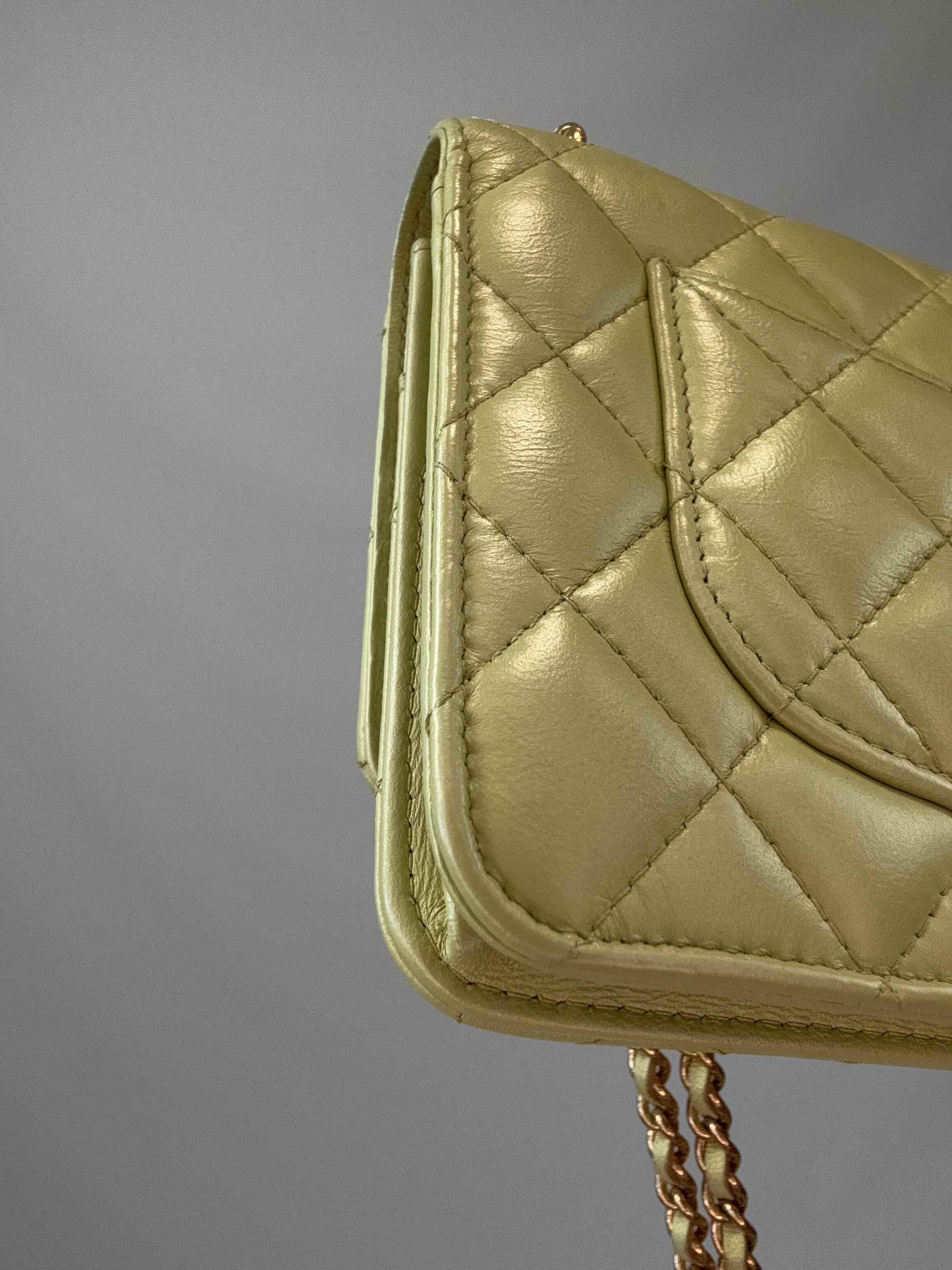Chanel Quilted Lambskin Wallet On Chain in Pearl Green back left bottom corner