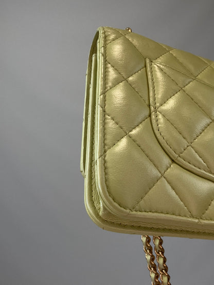 Chanel Quilted Lambskin Wallet On Chain in Pearl Green back left bottom corner