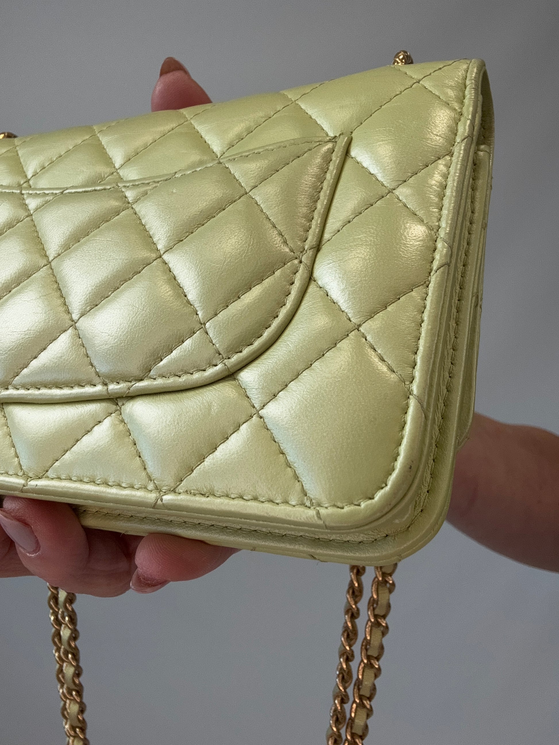 Chanel Quilted Lambskin Wallet On Chain in Pearl Green back right bottom corner