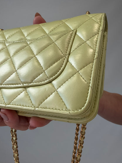 Chanel Quilted Lambskin Wallet On Chain in Pearl Green back right bottom corner